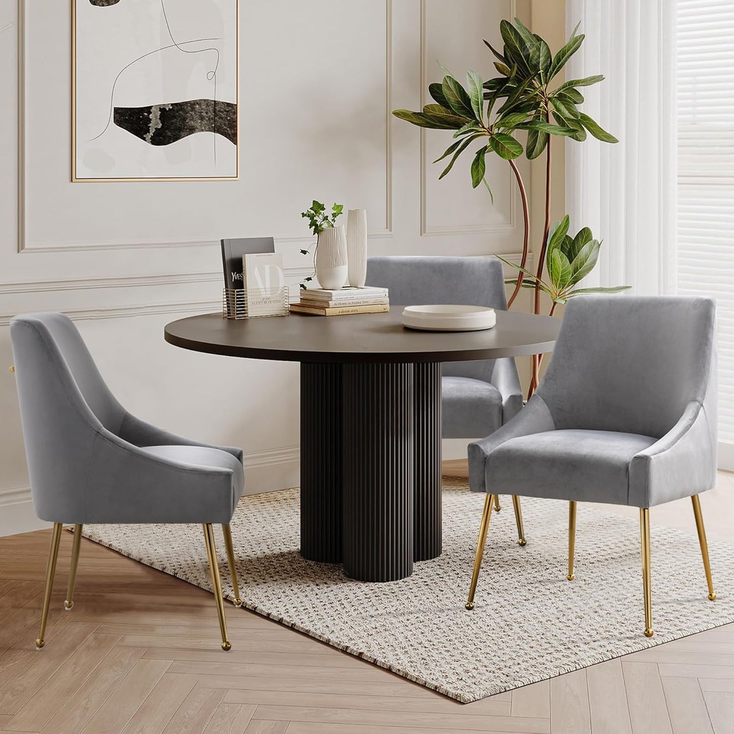 Modern Velvet Dining Chairs Set of 4, Contemporary Upholstered Furniture Collection with Polished Gold Metal Legs, Elegant Accent Chairs for Kitchen Living Room(Grey)