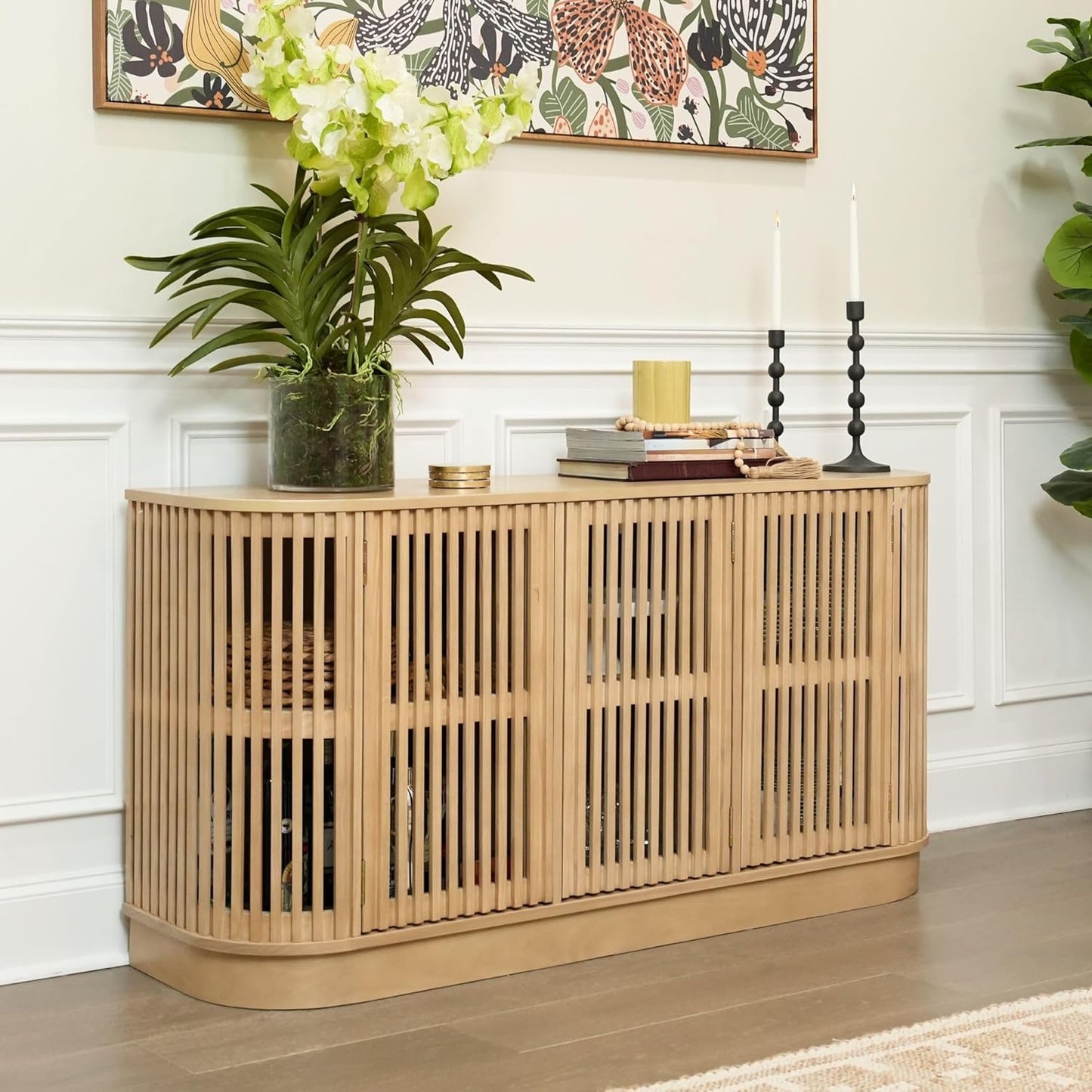 Plank+Beam Contour Wood TV Stand, Three Door Solid Wood Entertainment Console with Storage, 59" L x 16" W x 30" H, Blonde