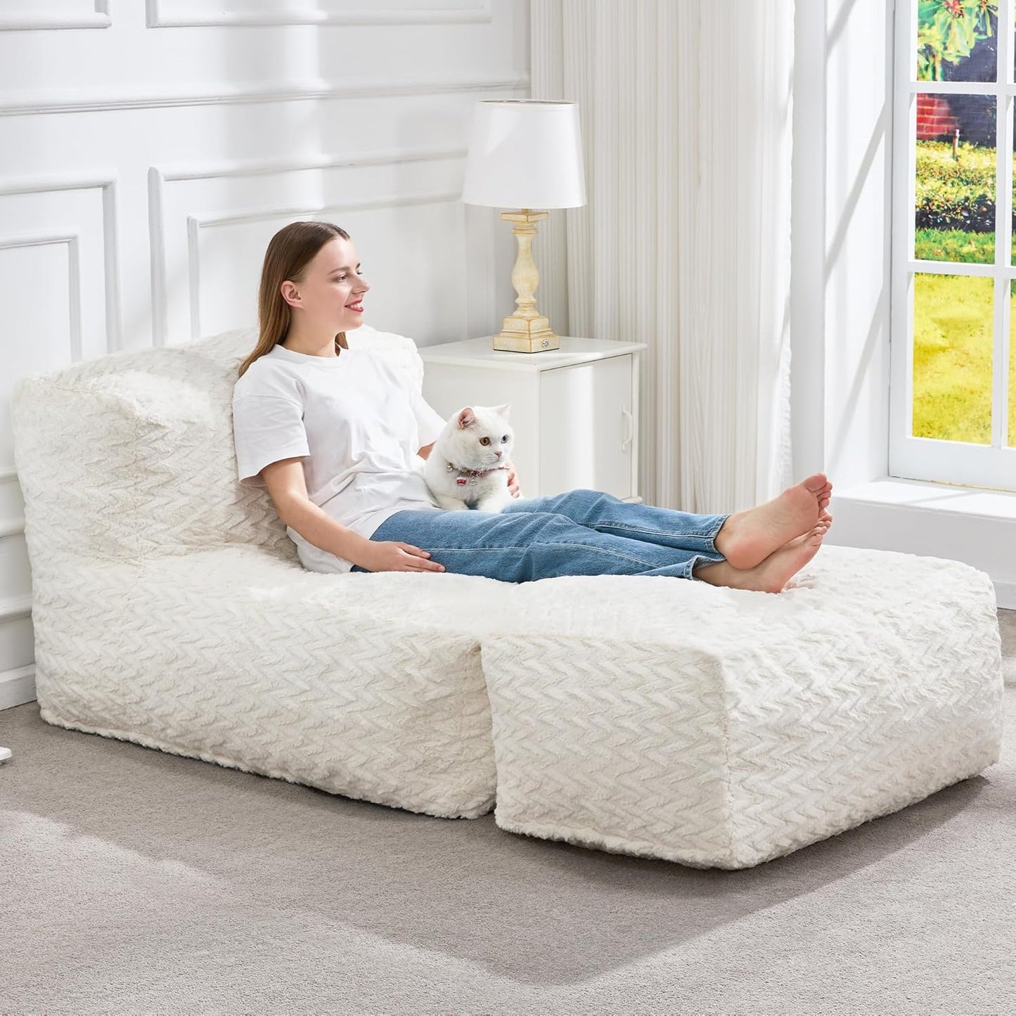 Hobestluk Bean Bag Chair Big Bean Bag Lounger for Adults Bean Bag Couch with Memory Foam Filled for Living Room, Bedroom or Balcony (Chevron Plush White)