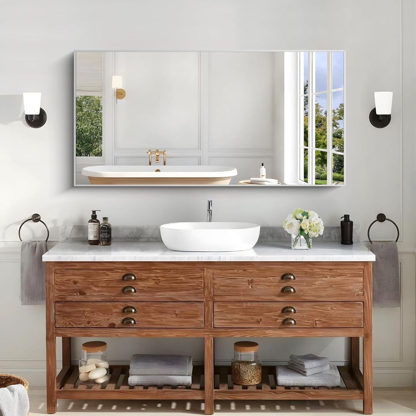 KOCUUY 24x48 Inch Large Silver Wall Mounted Mirror,Brushed Nickel Framed Rectangular Mirror for Wall Over Sink,Modern Design for Bedroom Living Room Bathroom,Functional Oversized Mirror