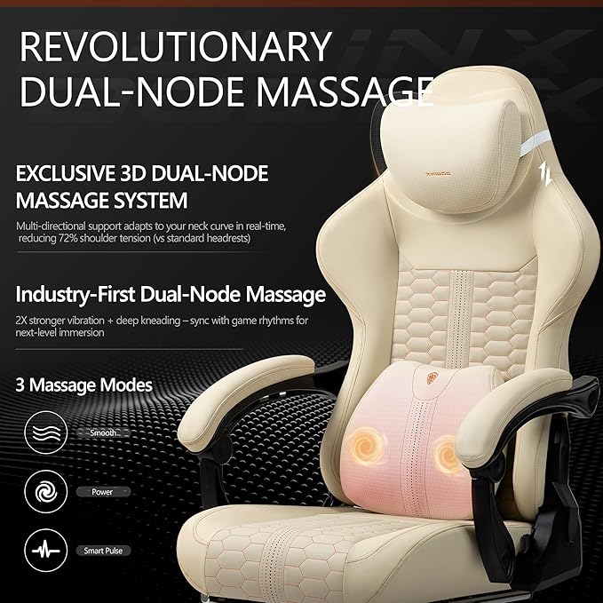 Dowinx Gaming Chair for Adults with Dual-Point Massage, Ergonomic Racing Style Game Chair Footrest, High Back Computer Chair 360° Swivel for Office,400LBS, Whtie