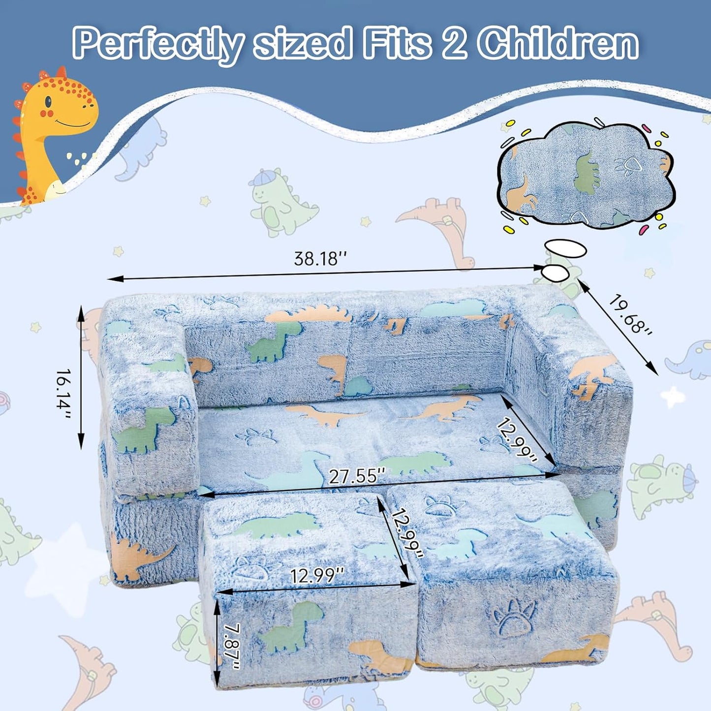 Lamerge Toddler Couch Glow in The Dark Toddler Fold Out Couch for playroom, Convertible Baby Fold Out Play Foam and Floor Cushion for Bedroom (Blue+Dinosaur)