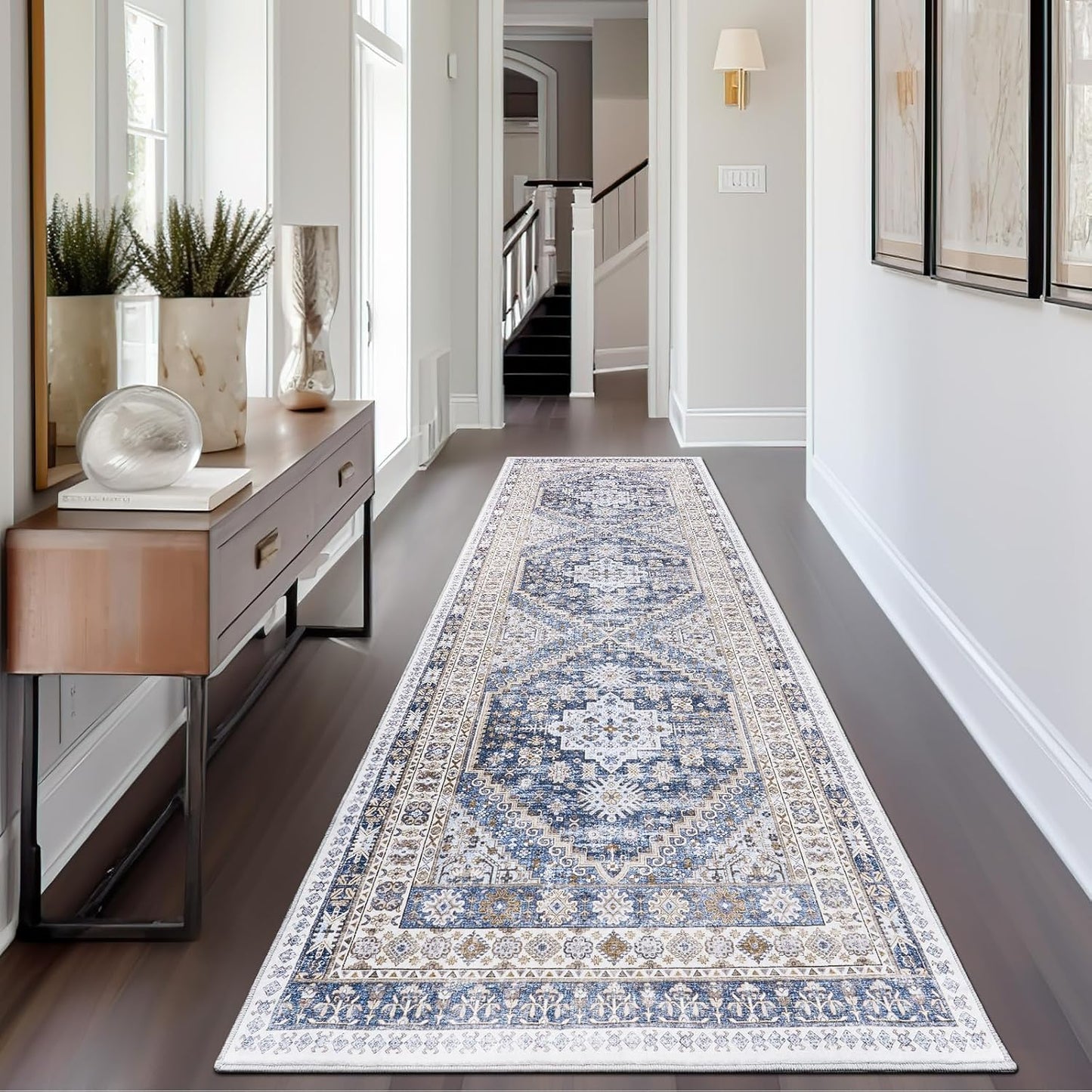 zesthome Washable Runner Rug 2.5x8 - Stain Resistant Entryway Rug,Ultra-Thin Kitchen Rugs, Anti Slip Backing Runner Rugs for Entrance Laundry Room Indoor Hallway (Blue/Beige,2.5'x8')