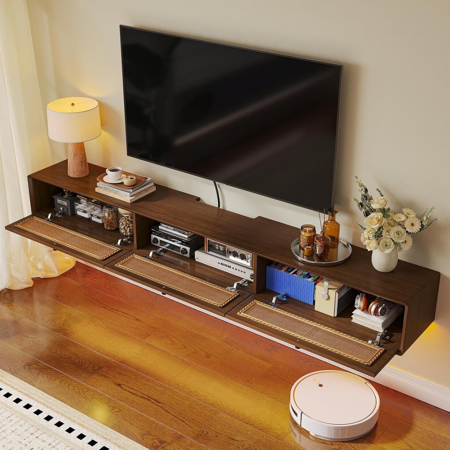 Fully-Assembled Floating TV Stand with 3 Rattan Doors, Rustic Floating Entertainment Center Under TV Shelf, Modern Large Storage Wall Mounted Media Console for Living Room Bedroom 55IN