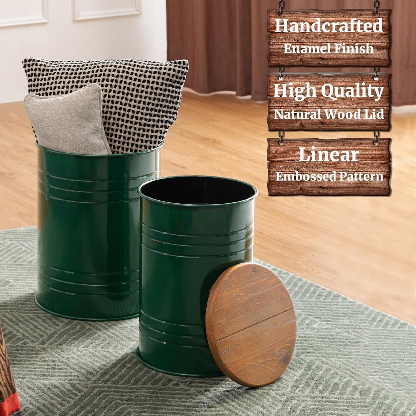 Glitzhome Farmhouse Accent Side Table, Metal Storage Stool Ottoman with Round Lid - Galvanized Coffee Cocktail End Tables Set of 2 for Living Room Bedroom, Hunter Green
