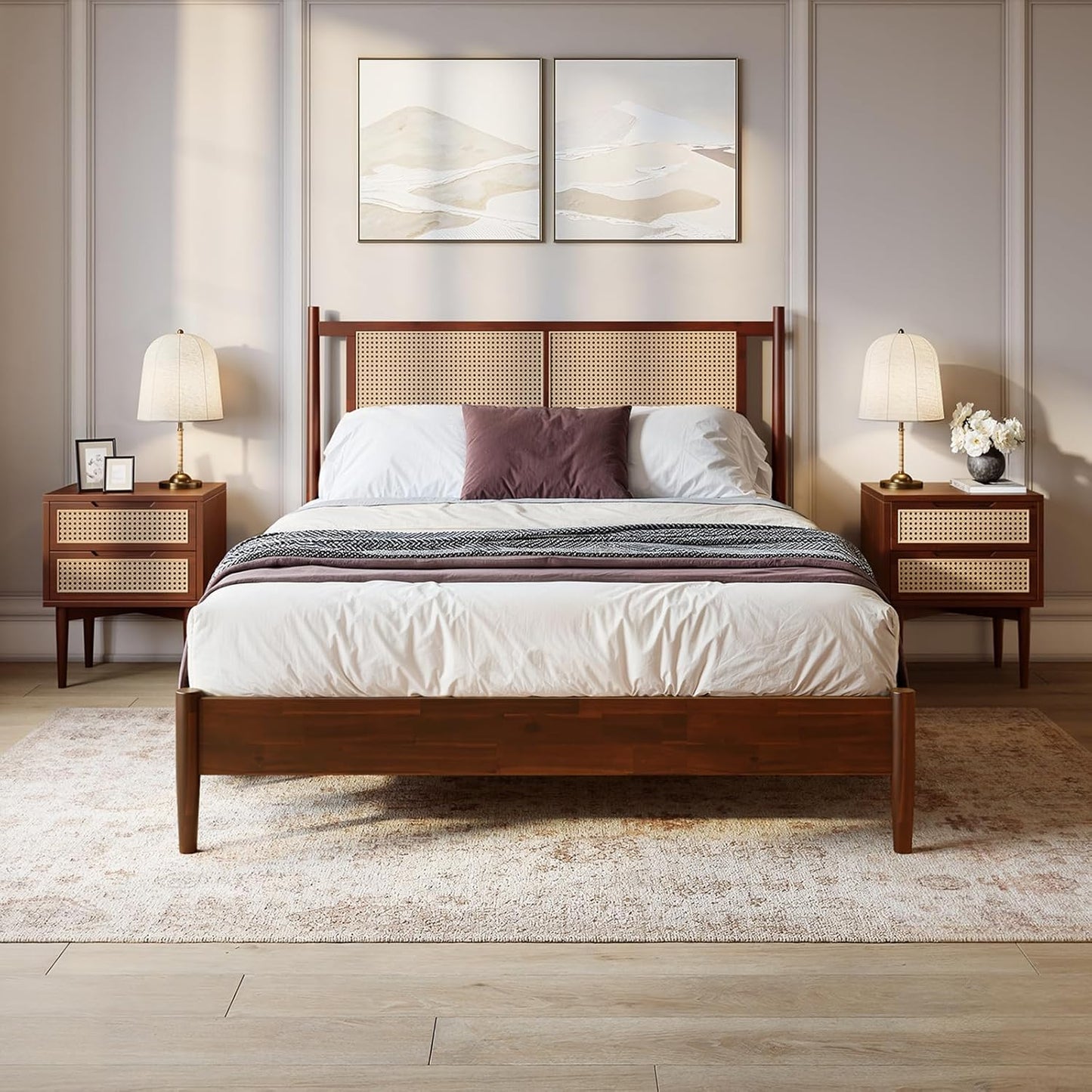 Bme Oliver Headboard Queen Size Bed Frame - 15-Inch Signature Design with Rattan Headboard, Bohemian and Mid Century Style, 12-Slat Wood Support, No Box Spring Needed - Easy Assembly, Walnut