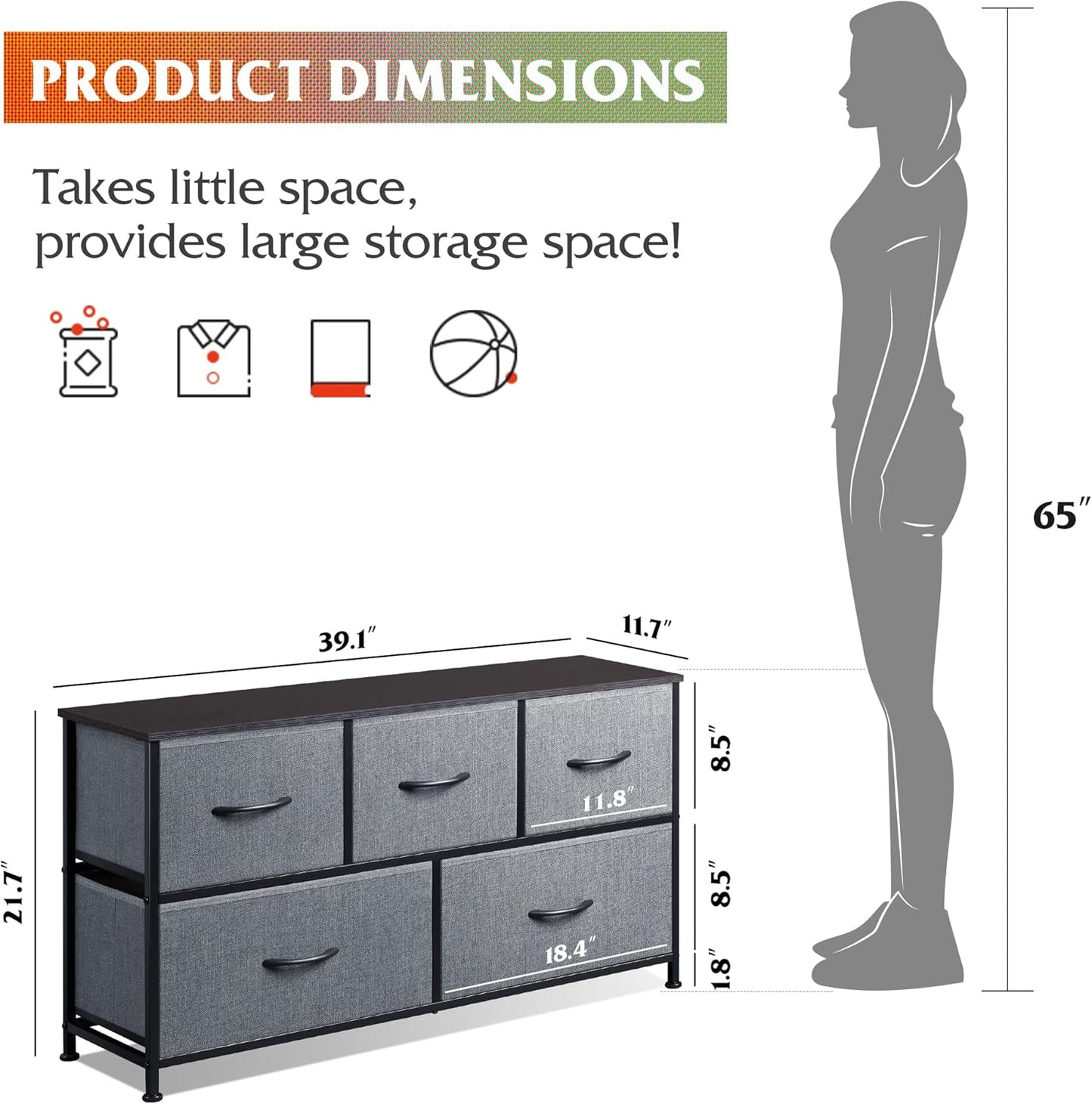 WLIVE Dresser for Bedroom with 5 Drawers, Wide Chest of Drawers, Fabric Dresser, Storage Organizer Unit with Fabric Bins for Closet, Living Room, Hallway, Dark Grey
