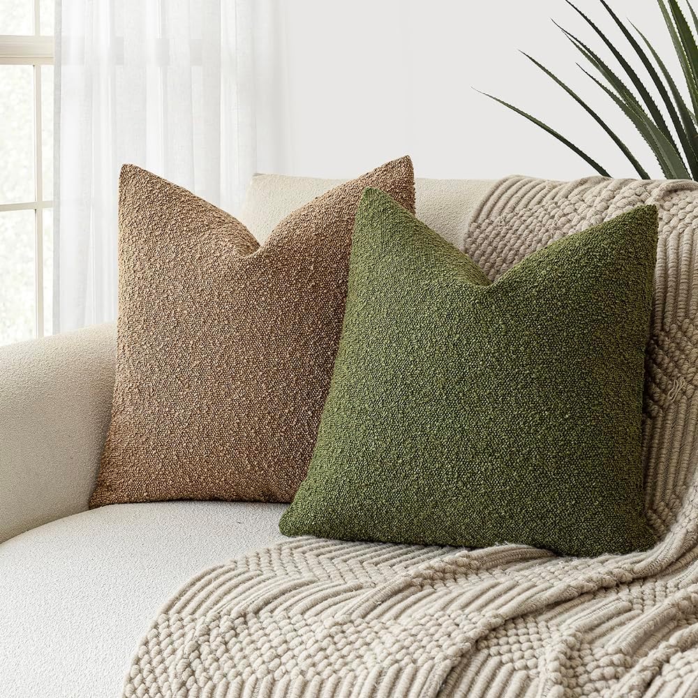 Foindtower Set of 2, Decorative Textured Boucle Throw Pillow Covers Accent Solid Pillow Cases Neutral Soft Cozy Couch Cushion Case for Chair Sofa Bedroom Living Room Home Decor 16 x 16 Inch Green