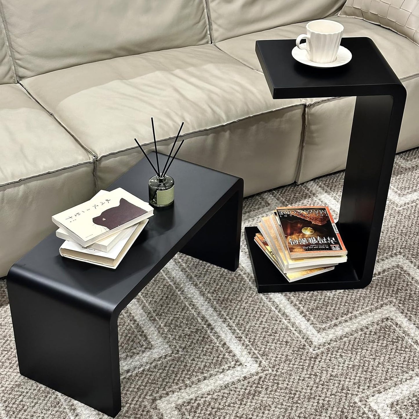 C Shaped End Table, Solid Wood C Side Table for Couch Sofa and Bed, Sofa Tables That Slide Under for Space Saving, Small Snack C Tables for Living Room Bedroom (H 24.4″ - Black, 1)