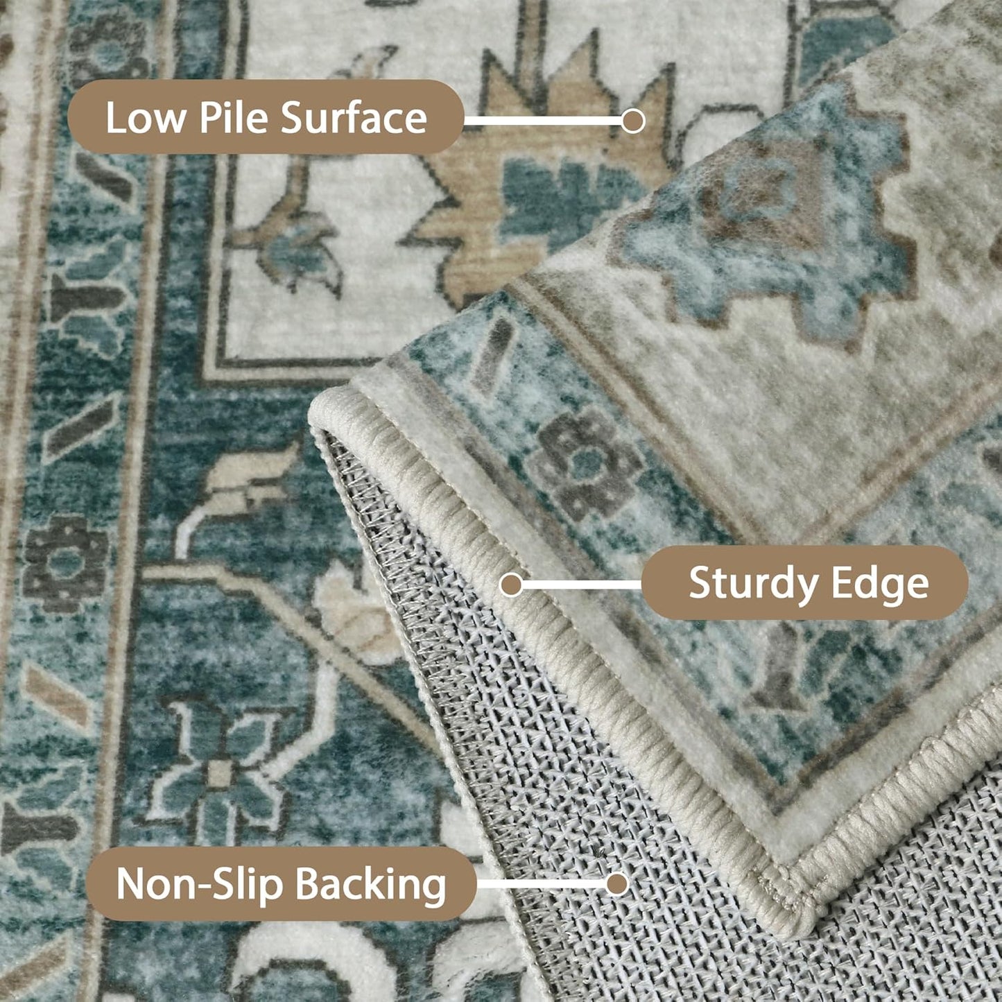GENIMO 8x10 Area Rugs for Living Room, Machine Washable Non Slip Vintage Rugs, Low Pile Lightweight Chenille Print Rug for Bedroom, Dining Room, Home Office,Ash Blue