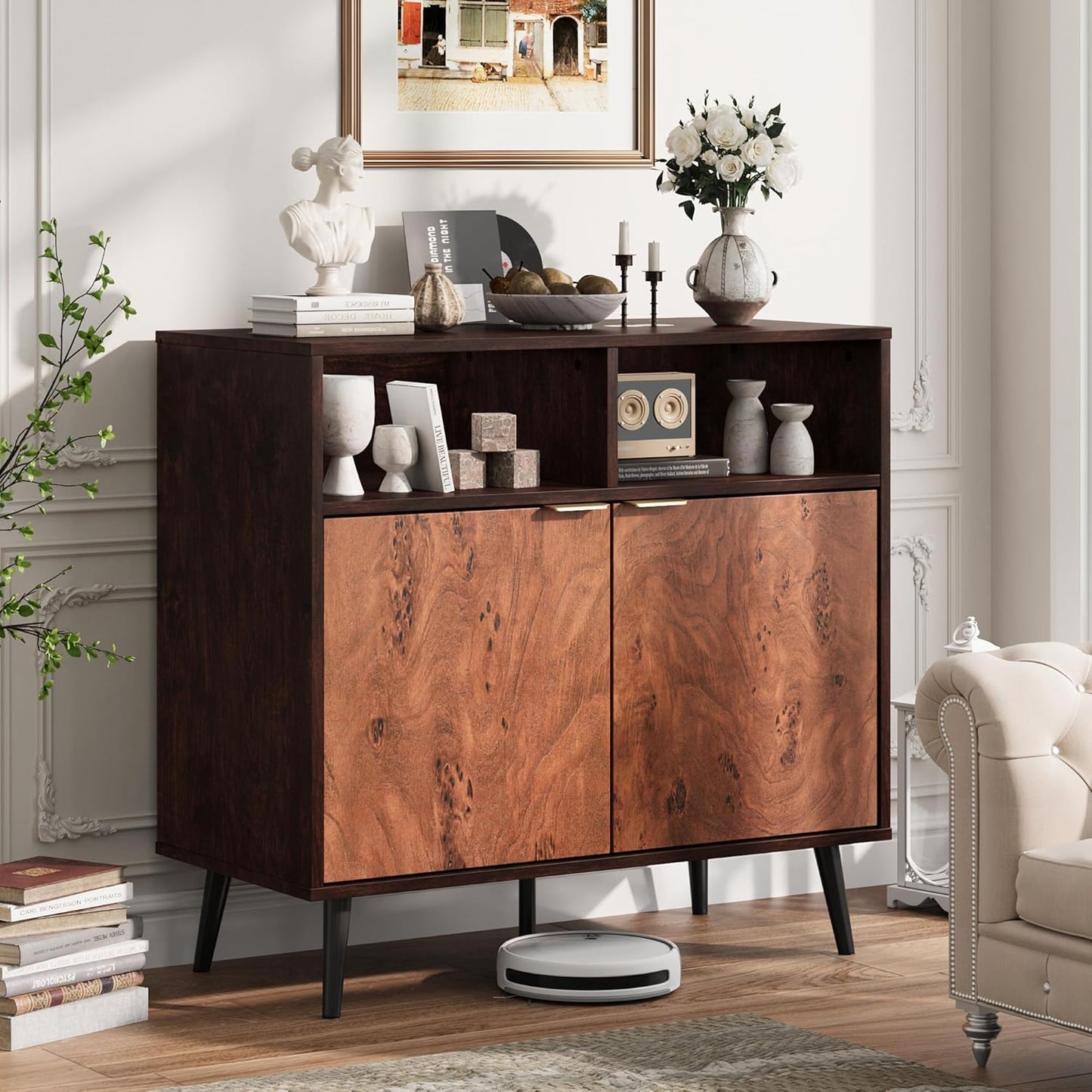GarveeHome Buffet Cabinet with Drawers, 31.5'' Large Sideboard Buffet Credenza Storage Cabinet with Shelves and Doors, Coffee Station Cabinet with Metal Handle, Robot Vacuum Friendly (Walnut)