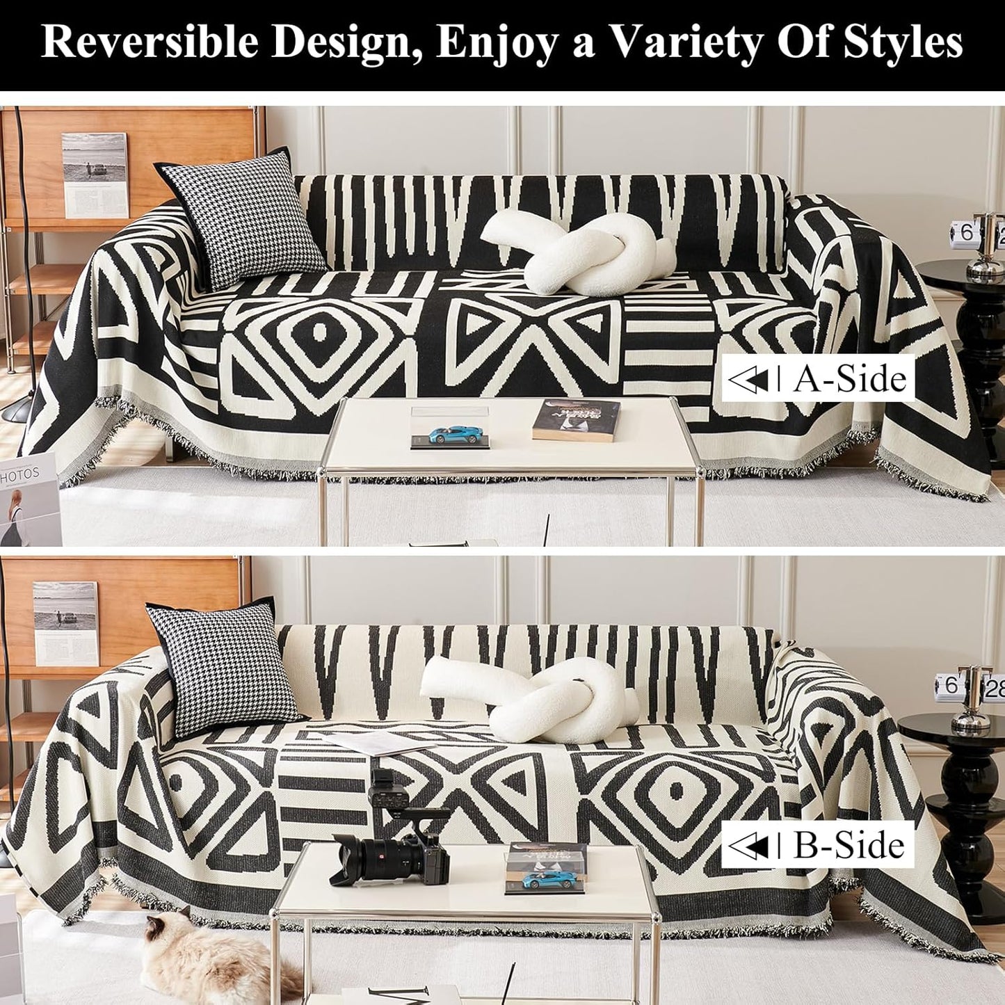 STACYPIK Boho Jacquard Sofa Cover for Dogs, Non Slip Black Geometric Triangle Couch Cover for 1 Seater, Armchair Slipcovers, Reversible Loveseat Cover, Multi-use Furniture Protector for Pets-71X71IN