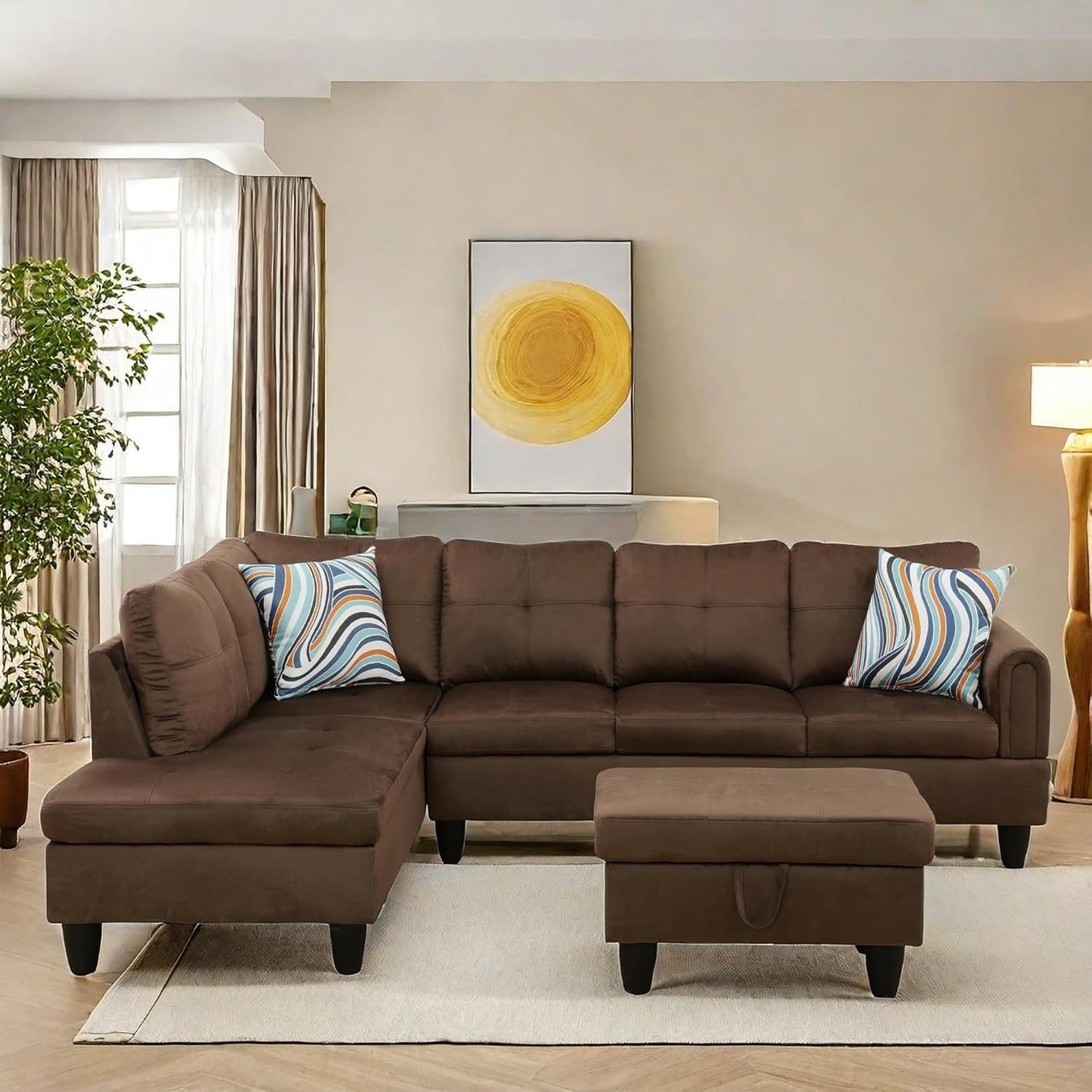 NAYSAYE Sectional Couch with Ottoman Storage, L Shaped Couch Sofa Furniture Sets, Modern Comfy Modular Comfy Sofa for Living Room Bedroom, Office and Apartment, Chocolate