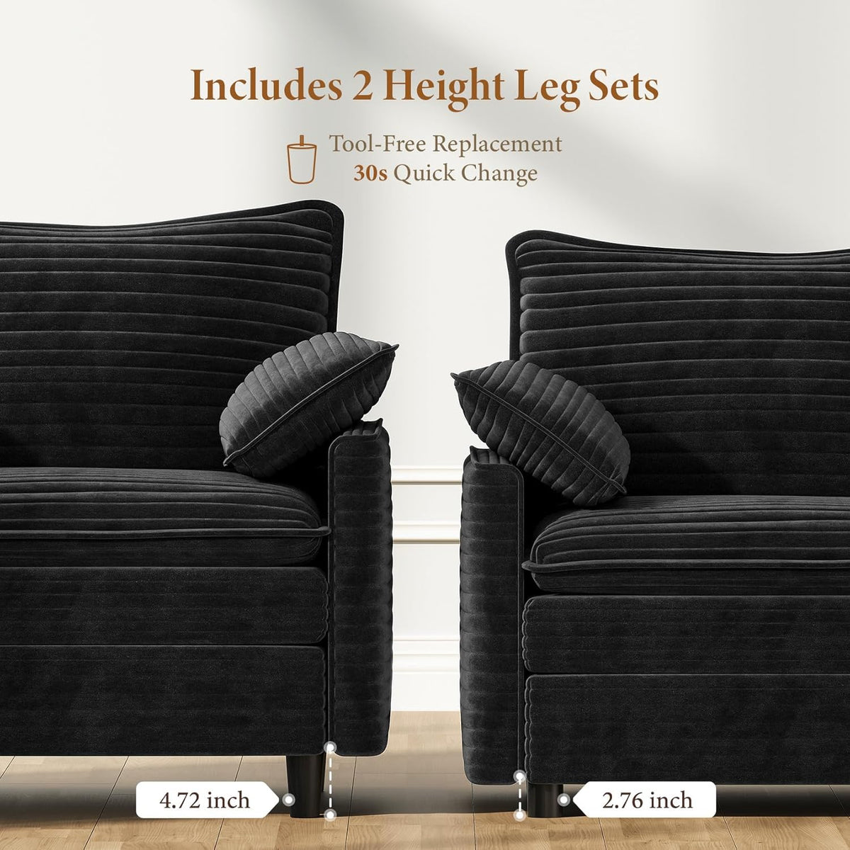 Vesgantti 40" Single Seat Sofa, Comfy Cloud Couch Deep Seat Upholstered Couch Corduroy Modern Sofa with Armrest Pillow, Easy Assembly for Living Room, Bedroom and Apartment, Black