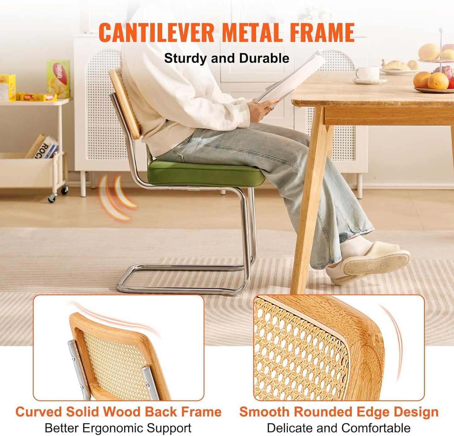 VEVOR Rattan Dining Chairs Set of 2, Mid Century Modern Dining Chair, Upholstered Velvet Accent Chair with Rattan Back, Retro Dining Room Kitchen Chair for Living Room, Bedroom (18.1 Inch)