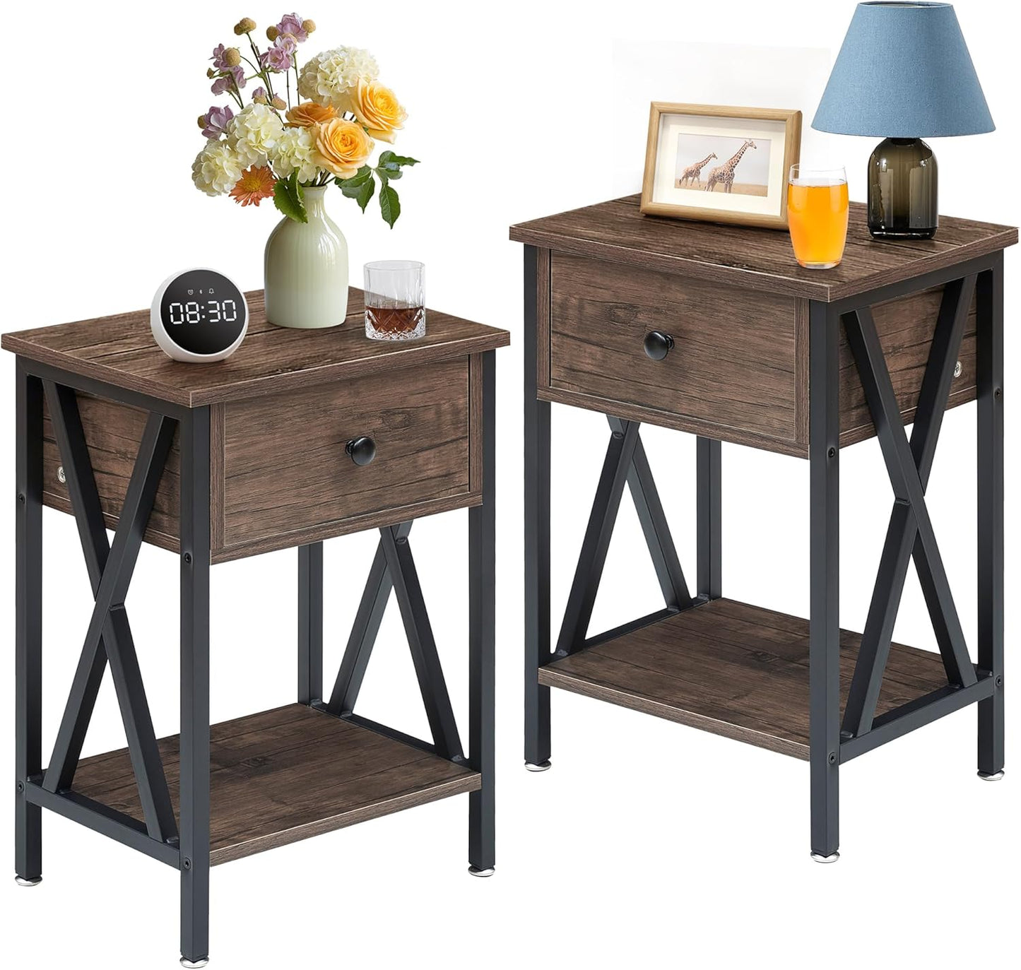 VECELO Nightstands Set of 2, Modern Bedside End Tables, Night Stands with Drawer and Storage Shelf for Living Room Bedroom, Industrial Metal Frame