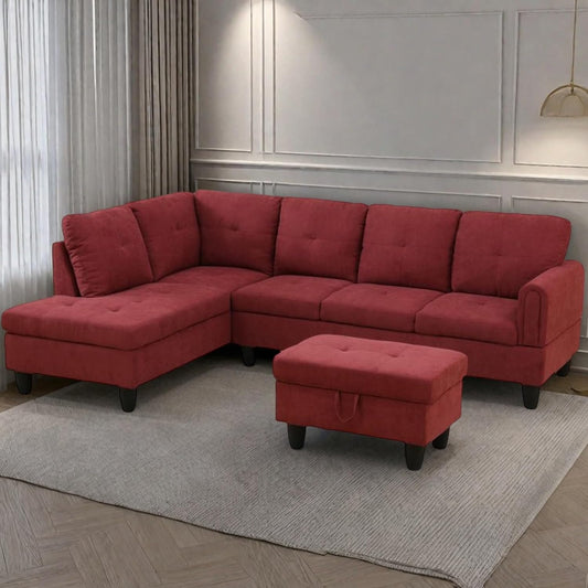 Osparple L Shaped Couch Sectional Couches for Living Room Upholstered Fluffy Fabric 3 Pieces Modular Sectional Sofa with Chaise, Ottoman with Storage for Living Room and Small Apartment, Red