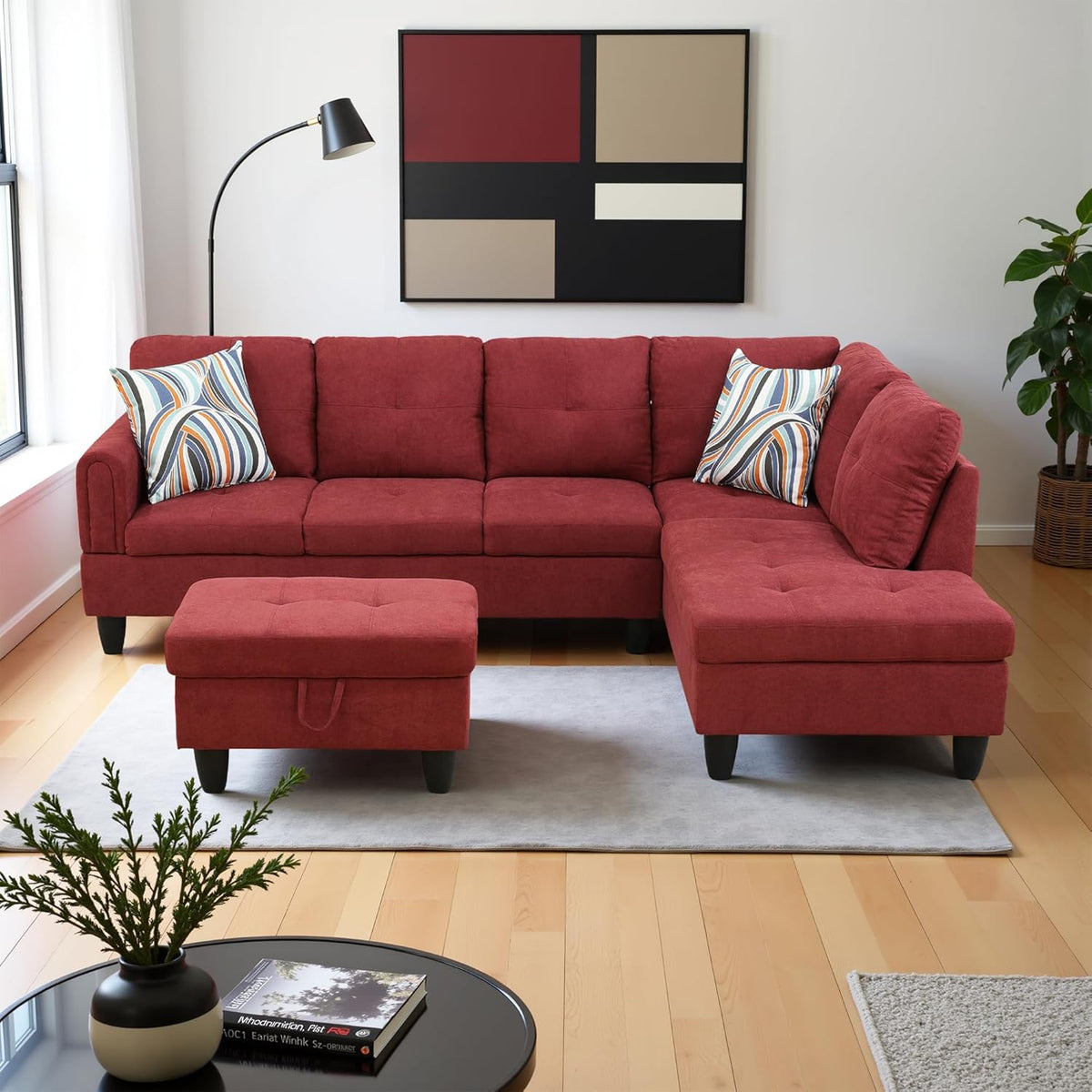 Couches for Living Room Modern L Shaped Couch Comfy Fluffy Fabric 3 Pieces Sectional Sofa with Chaise, Ottoman with Storage for Office and Small Apartment, Red