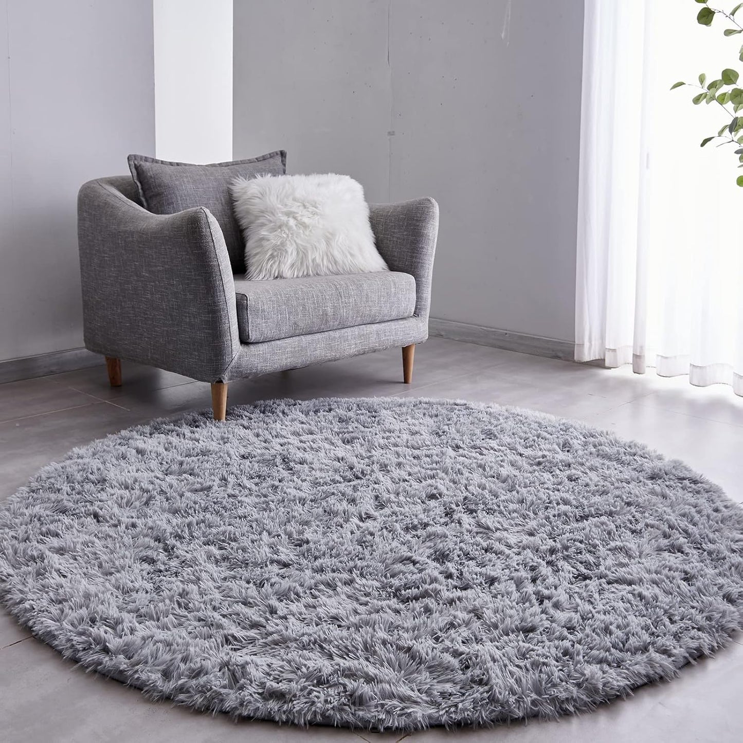 FJZFING Grey Round Rug Ultra-Soft Plush Modern 5x5 Circle Area Rug for Kid's Bedroom, Fluffy Shag Circular Rug for Nursery Room, Non-Slip Home Decor Cute Grey Carpet for Teen's Room