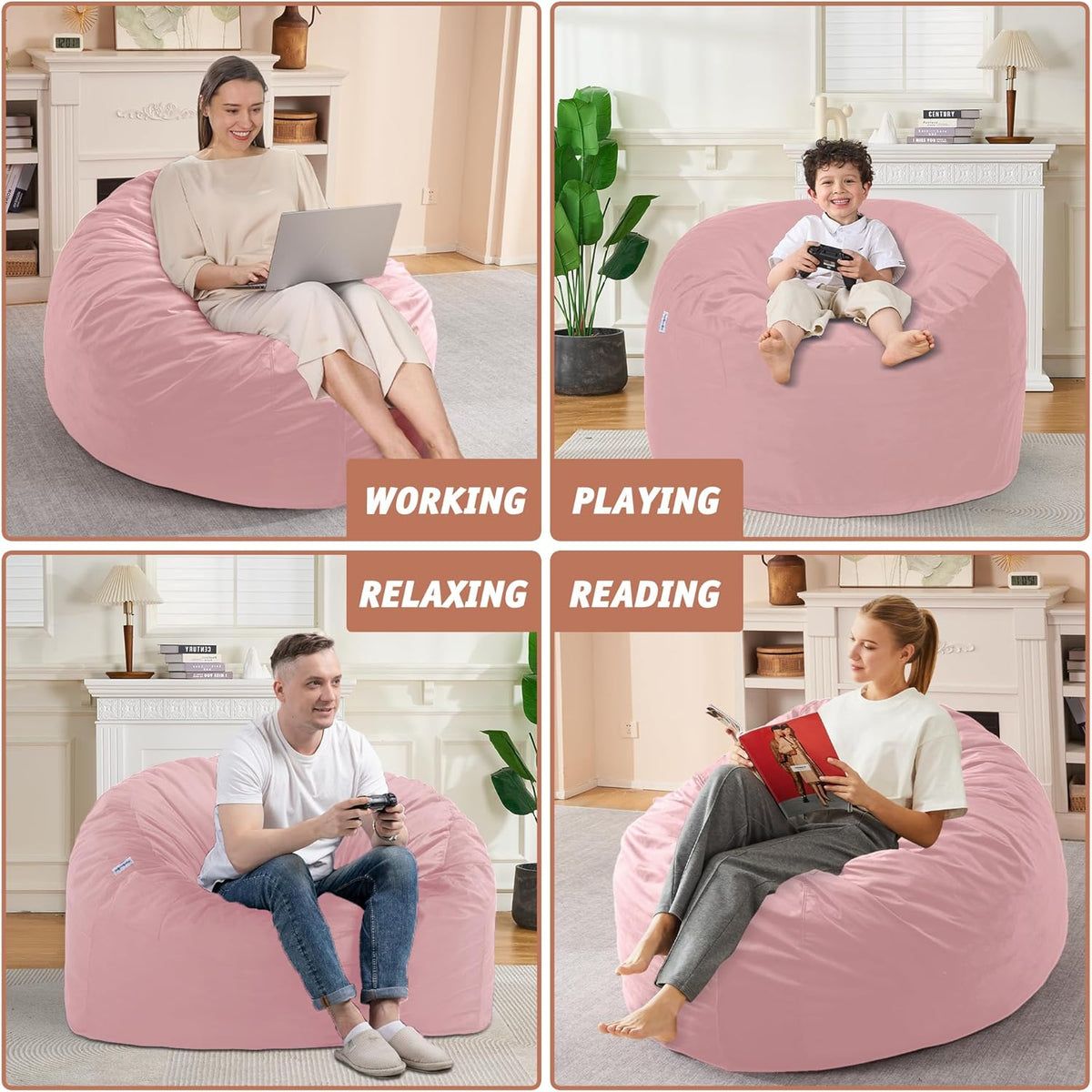 3FT Bean Bag Chair with Ultra Soft Velvet Cover Bean Bag Sofa with Memory Foam Bean Bag Chairs with Large Size Lazy Sofa for Dorm Office Living Room Bedroom Light Pink 3'