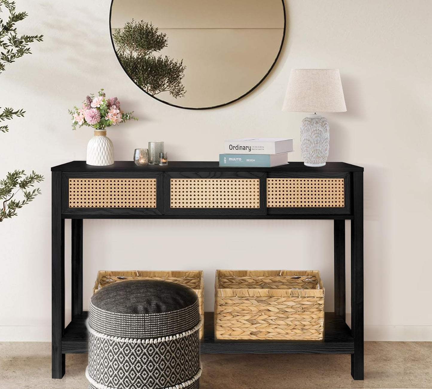 ZYBT Long Console Table, Rattan Entry Table, Console Tables for Entryway, Narrow Wood Console Table with Storage, Black Couch Table Hallway Table Boho Sofa Table for Living Room