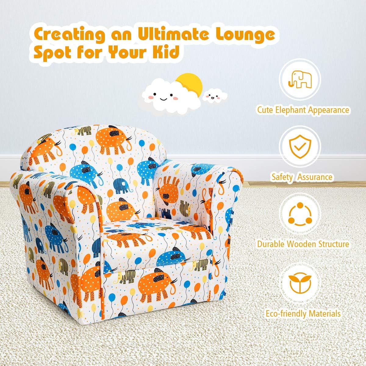 Costzon Kids Couch, Children's Sofa Armrest Chair with Pattern, Toddler Furniture w/Sturdy Wood Construction, Preschool, Lightweight Kids Couch Sofa Chair for Aged 1-5 Boys & Girls Gifts, Elephant