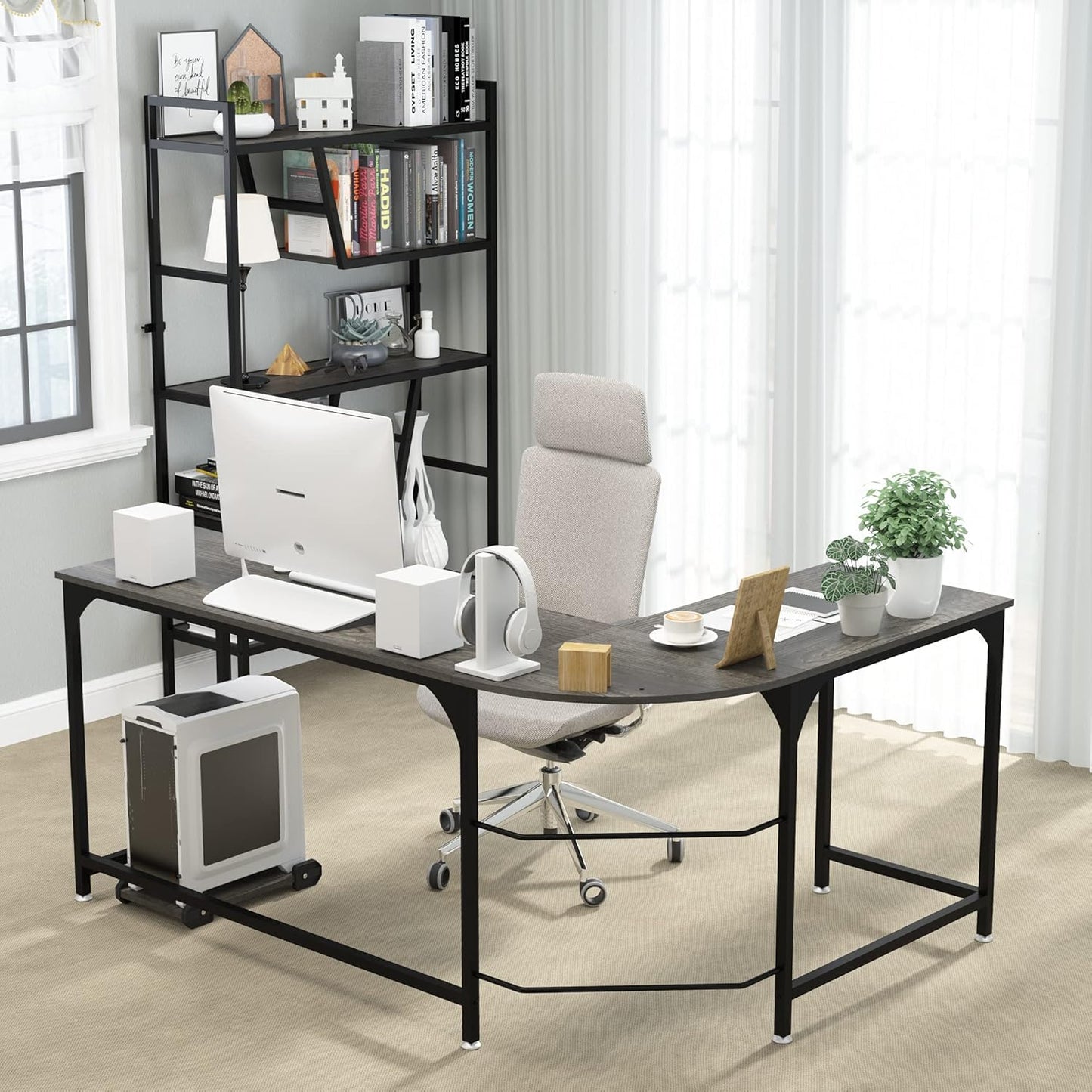 Teraves Reversible L Shaped Desk, 57.9" Gaming Computer Desk, Modern Corner Desks for Home Office Study, Space Saver Workstation Desk, Easy Assembly, Wooden