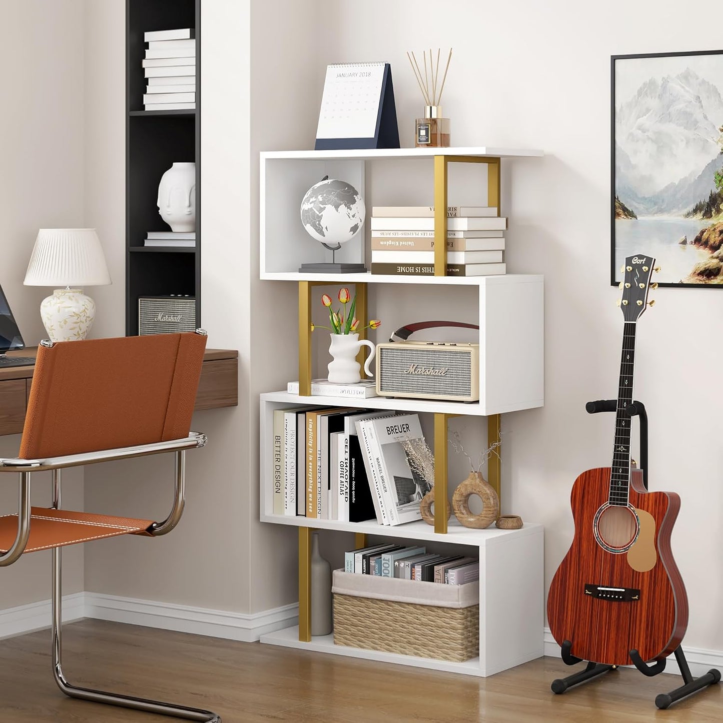 Yusong Geometric Bookcase, S Shaped Bookshelf 4-Tier Book Shelves for Bedroom, Modern Wood Decorative Display Shelf Tall Book Case for Home Office, Gold and White