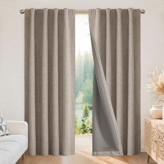 Joydeco 100% Blackout Curtains for Bedroom - Natural Linen Curtains 90 Inch Long, Thermal Insulated 2 Panels Linen Light Blocking Drapes, Rod Pocket & Back Tabs, Darkening Privacy for Living Room