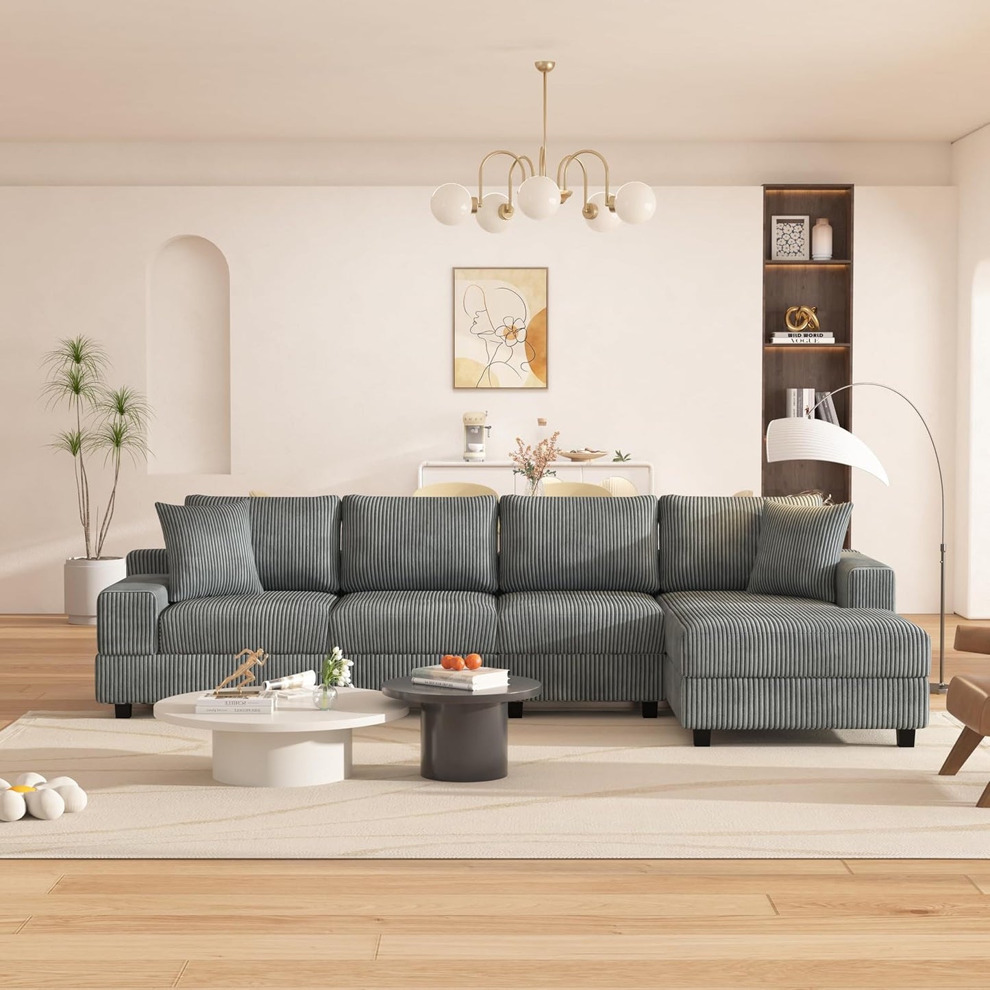 Eafurn 132.68" Oversized L Shaped Modular Sectional Sofa Couch with Reversible Chaise Lounge Daybed, Modern Corduroy Upholstered Corner Lounge Couch with Thick Cushions and Headrest