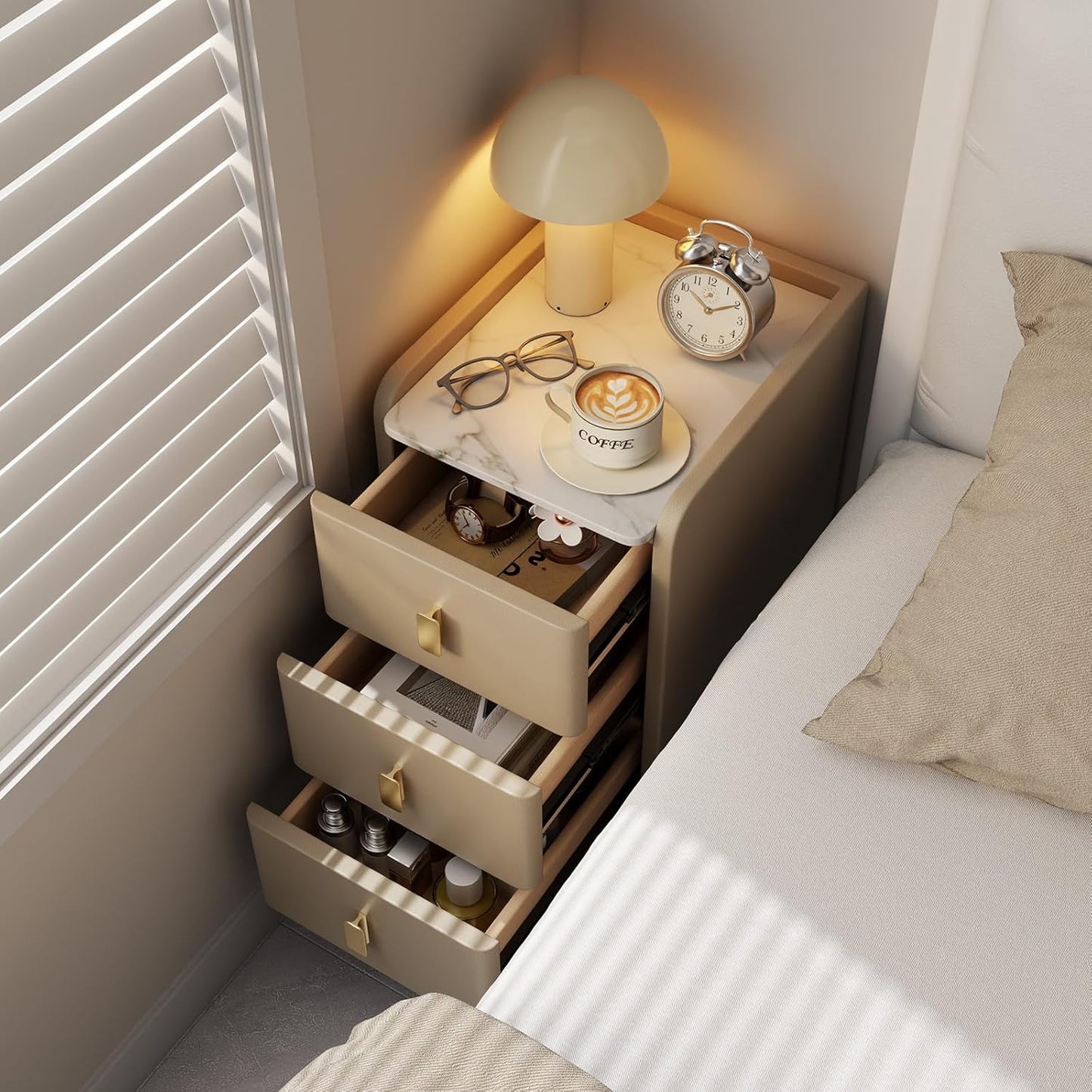 Narrow Nightstand with Drawers, Narrow Side Table Leather, Small Bedside Tables for Bedroom. (Beige)