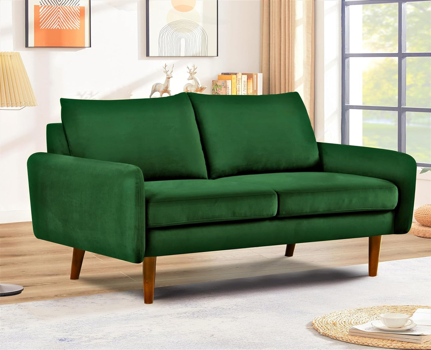 Container Furniture Direct Kent Velvet Loveseat Sofa for Modern Living Rooms and Compact Spaces, Comfy 2 Seater Couch Studio Apartment Furniture with Sleek Design, Green