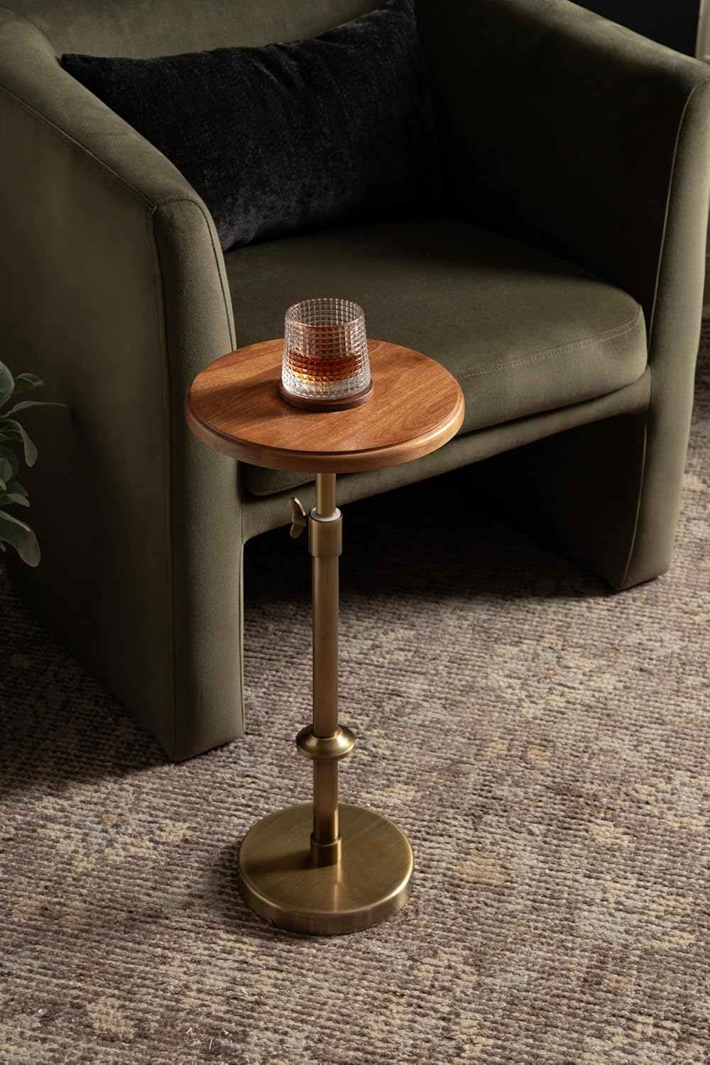Kate and Laurel Engles Modern Adjustable-Height Pedestal Drink Table; 10 x 10 x 30; Walnut Brown and Brass; Mid-Century Round Indoor Metal Plant Stand with Solid Wood Tabletop