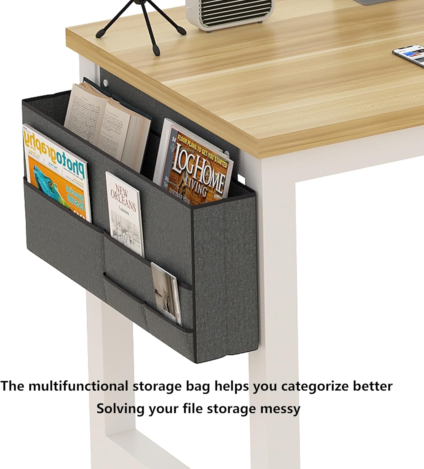 Large Computer Desk - 63 Inch Home Office Desks Study Student Writing Table Gaming Desk Wood Modern Simple Table with Storage Bag & Headphone Hooks, Rustic White