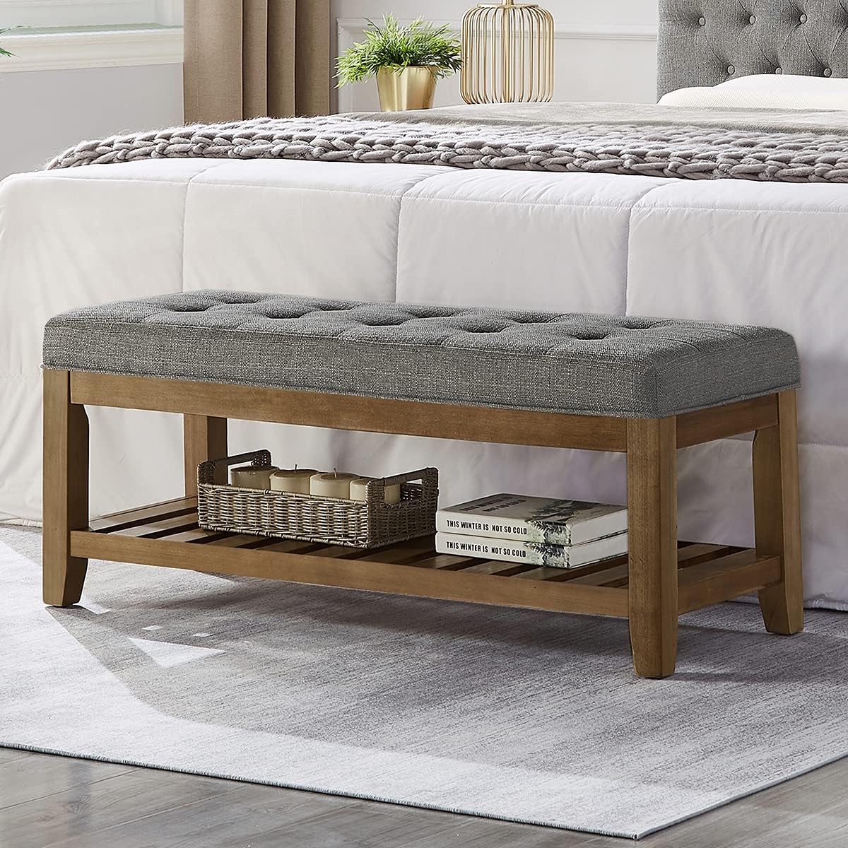 24KF Large Rectangular Upholstered Tufted Linen Fabric Ottoman Bench, Padded Bench with Solid Wood Shelf-Granite
