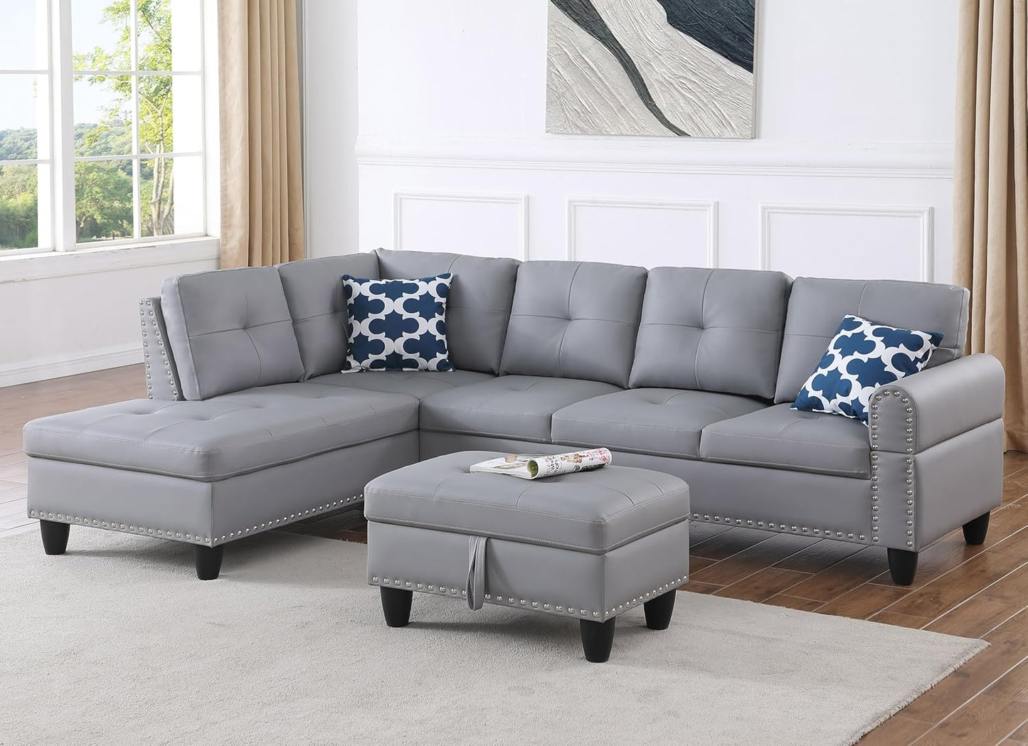 Ball & Cast 98" L Shaped Sectional Couch for Living Room with Storage Ottoman&Nailhead Trim,4 Seat Faux Leather Upholstered Modular Sectional Sofa Set 3 PCS W/Chaise&Cup Holders,for Home,Office,Gray