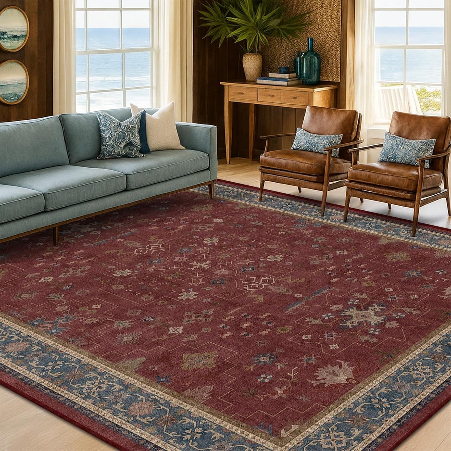 6x8 Dining Room Rugs for Under Table - Vintage Burgundy Boho Living Room Rug, Machine Washable Foldable Carpet,Southwestern Bed Room Décor Aesthetic