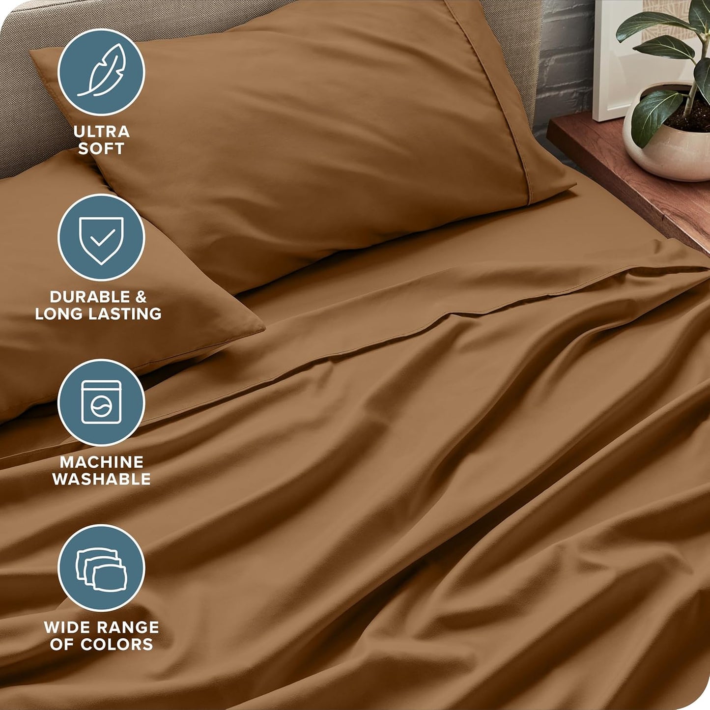 Bare Home Twin XL Sheet Set - 1800 Ultra-Soft Microfiber Twin Extra Long Bed Sheets - Double Brushed - Deep Pockets - Easy Fit - Extra Soft - 3 Piece Set - Bed Sheets & Pillowcases (Twin XL, Caramel)