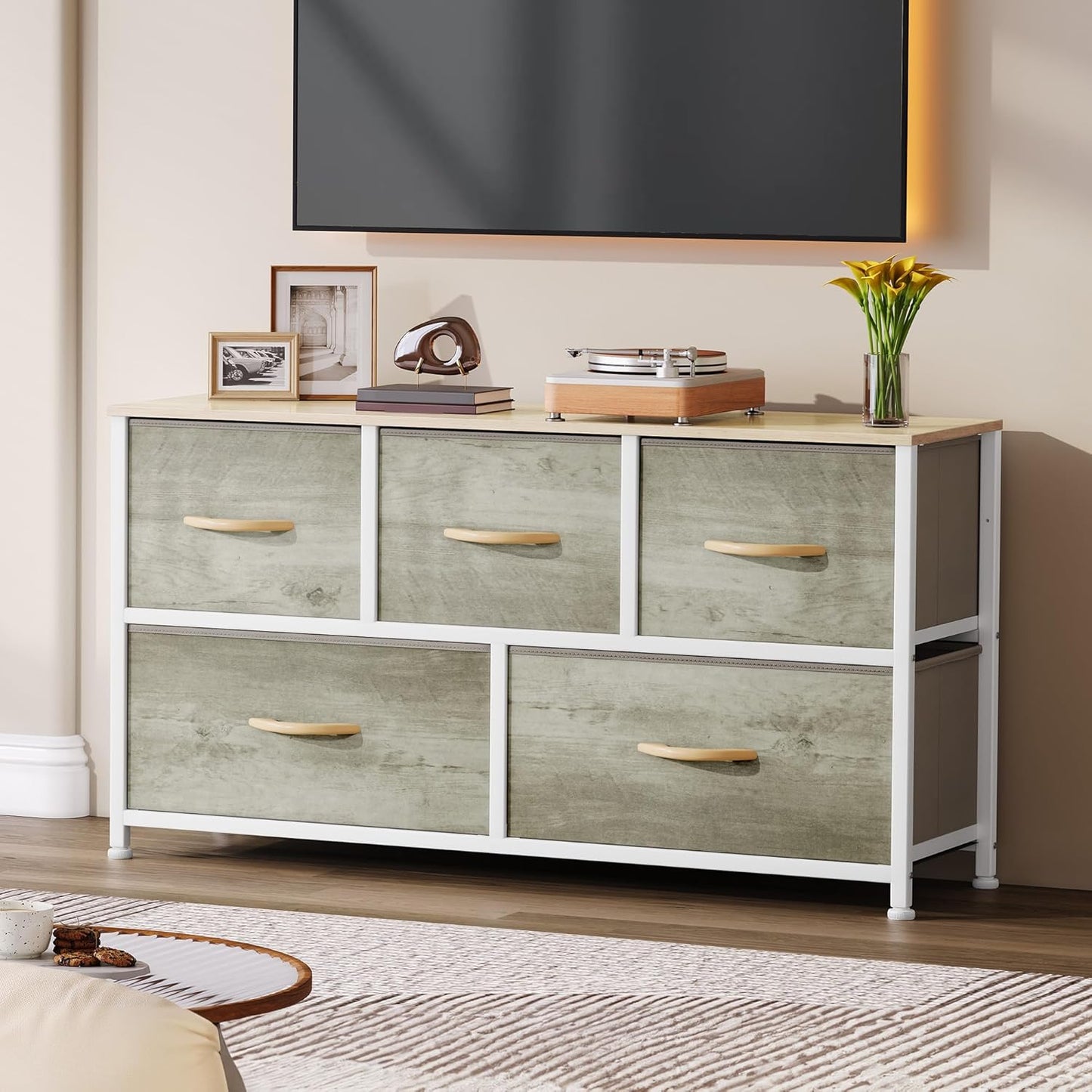 DWVO Wide Chest of Drawers, Dresser with 5 Drawers, Oak Grain Fabric Storage Tower, Dresser for Bedroom with 5 Drawers, Living Room, Closets - Sturdy Steel Frame, Wooden Top