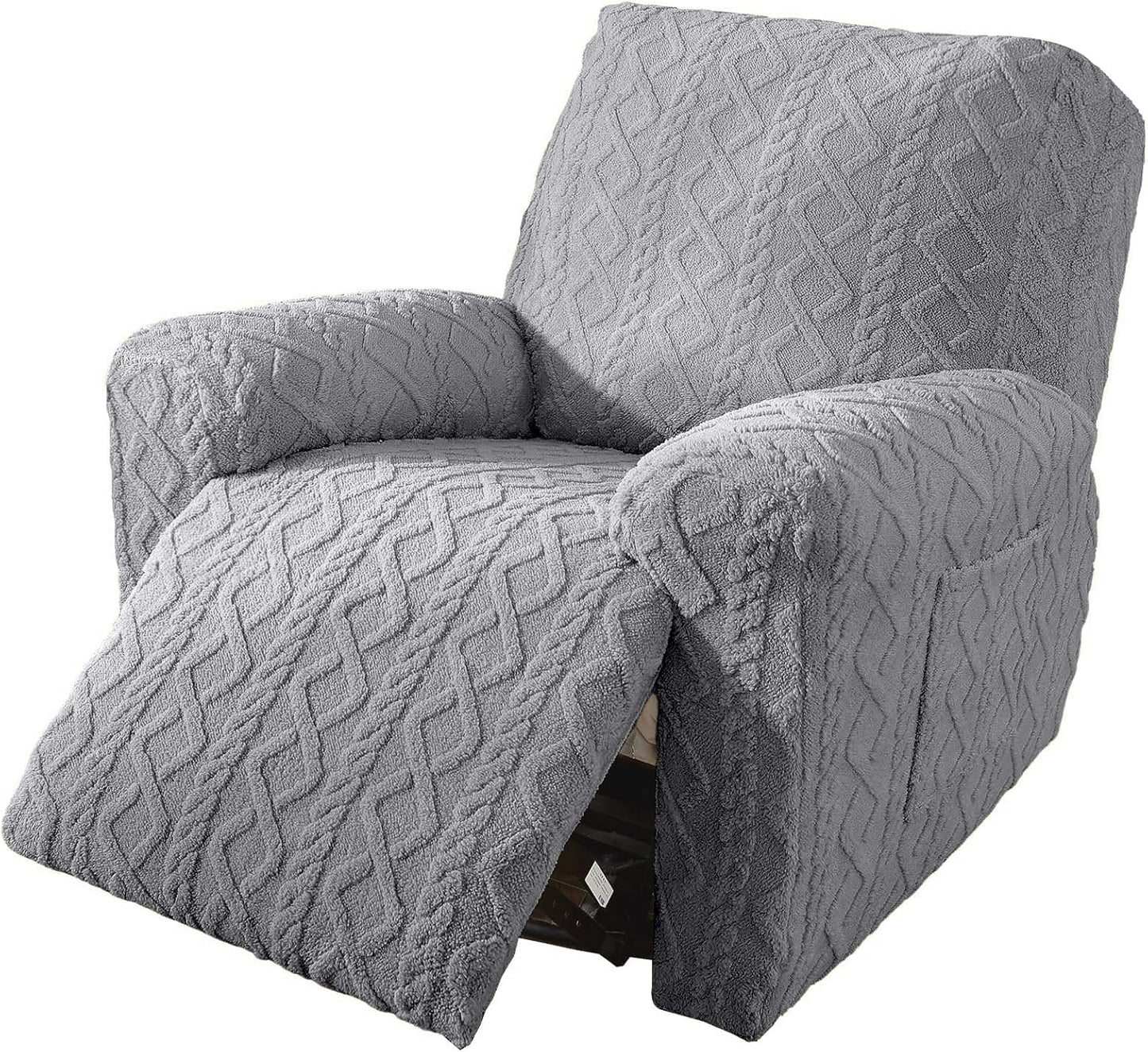 vctops 4 Pieces Geometric Jacquard Plush Recliner Slipcovers Soft Fuzzy Fluffy Sofa Couch Cover Anti-Slip Furniture Protector with Elastic Bottom for Kids Cats Dogs(Grey,1 Seat)