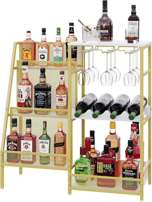 Gold Liquor Stand with Glass Holder, Multifunctional Wine Rack Freestanding Floor with Fences, Mini Bar Table for Liquor Whiskey Wine, 3-Tier Trapezoidal Liquor Cabinet for Home Bar (Patent Pending)