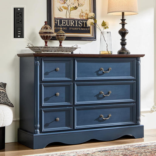 Farmhouse 6 Drawers Dresser for Bedroom with Charging Station, Wood Country Rustic Storage Dressers Organizer, Vintage Design