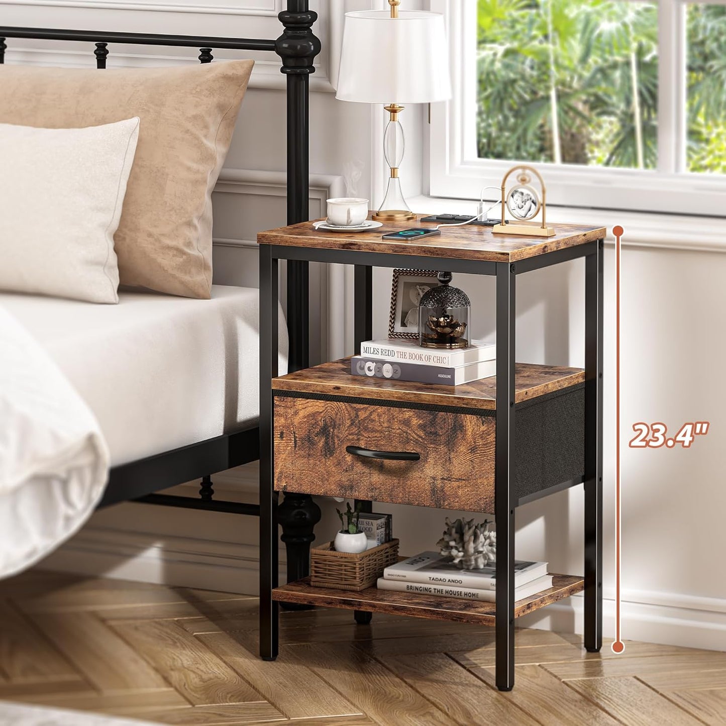 SUPERJARE Nightstand Set of 2, Bed Side Tables with Charging Station, Adjustable Fabric Drawer, Night Stand for Bedroom, 3-Tier Storage End Tables, for Living Room, Rustic Brown