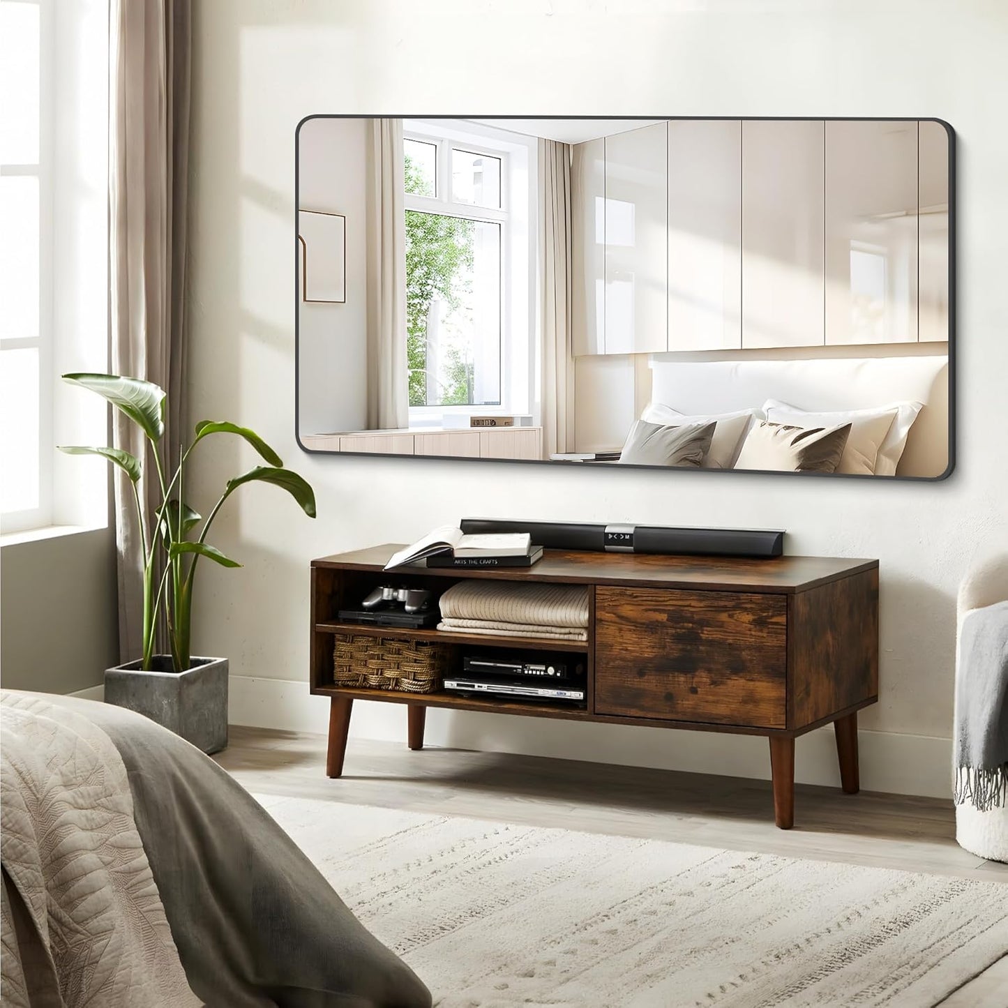 FORBATH Bathroom Mirror 30" X 60"，Large Rectangular Wall Mirror, Black Metal Framed Rounded Corner Wall Mounted Mirror for Bathroom Bedroom Entryway Decor(Horizontal/Vertical)