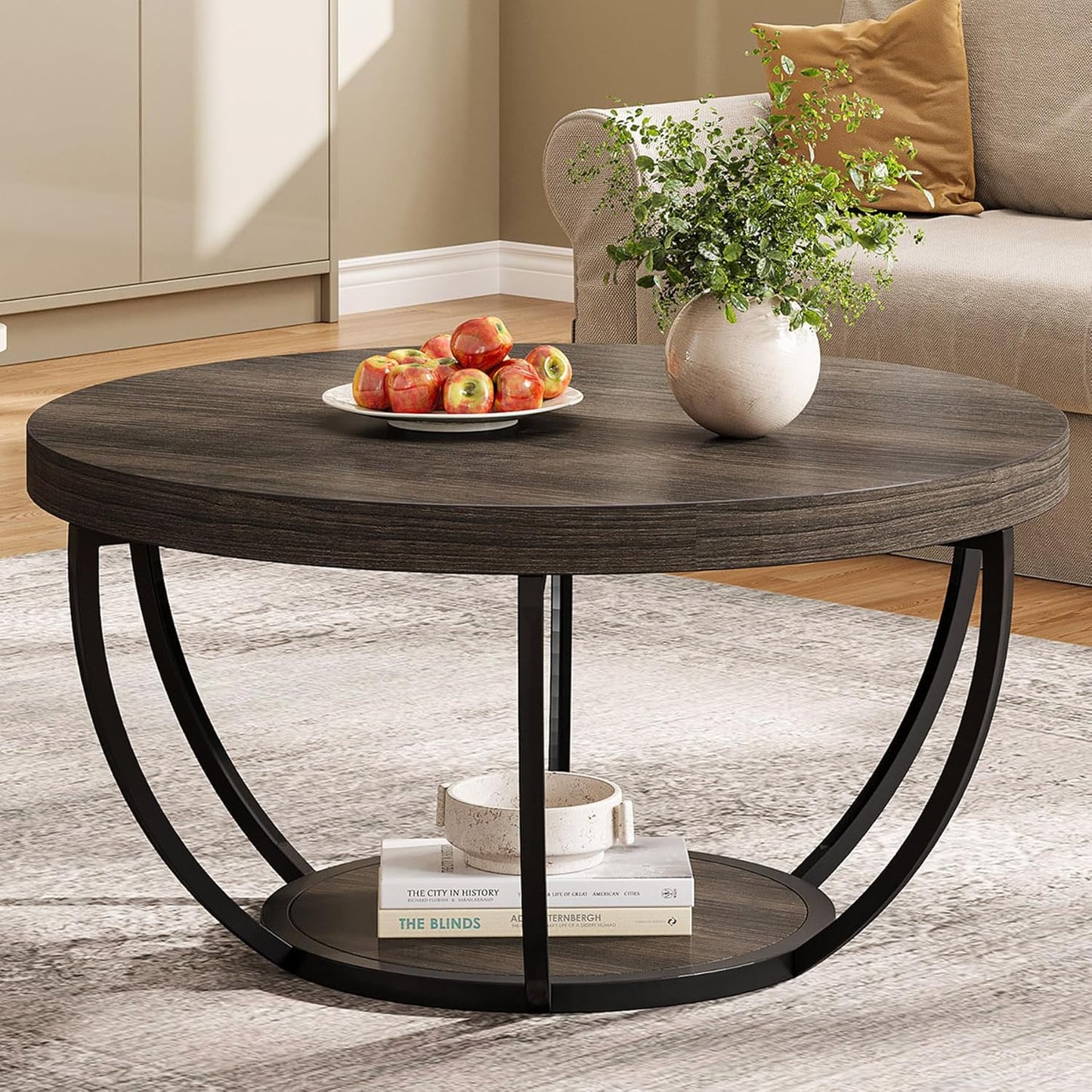 Tribesigns Round Coffee Table, 31.7" Wooden 2-Tier Circle Coffee Table with Storage Shelves, Modern Accent Cocktail Table Center Table for Living Room, Grey