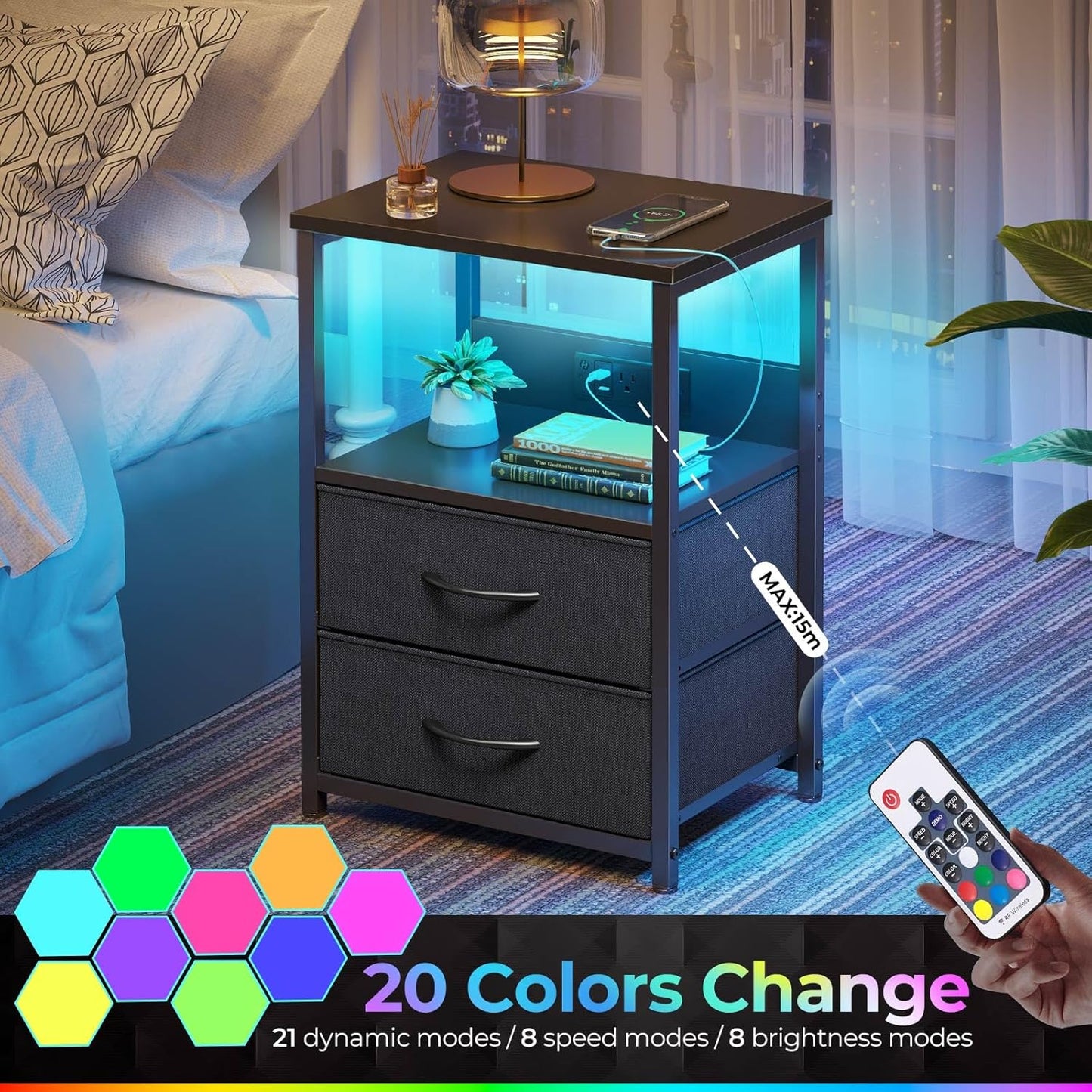 Seventable Nightstand Set of 2 with Charging Station, Bedside Table with LED Lights, Night Stand with 2 Fabric Drawers, 3-Tier Storage End Table for Bedroom, Black