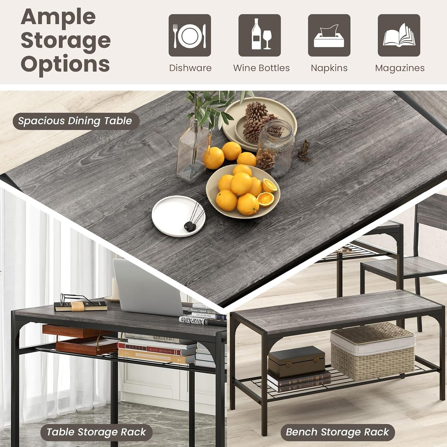 Giantex Dining Table Set for 4, Kitchen Table with Chairs & Bench, Storage Racks, Metal Frame, 4-Piece Space-Saving Dinette Set for Dining Room, Breakfast Nook, Small Space, Apartment, Grey