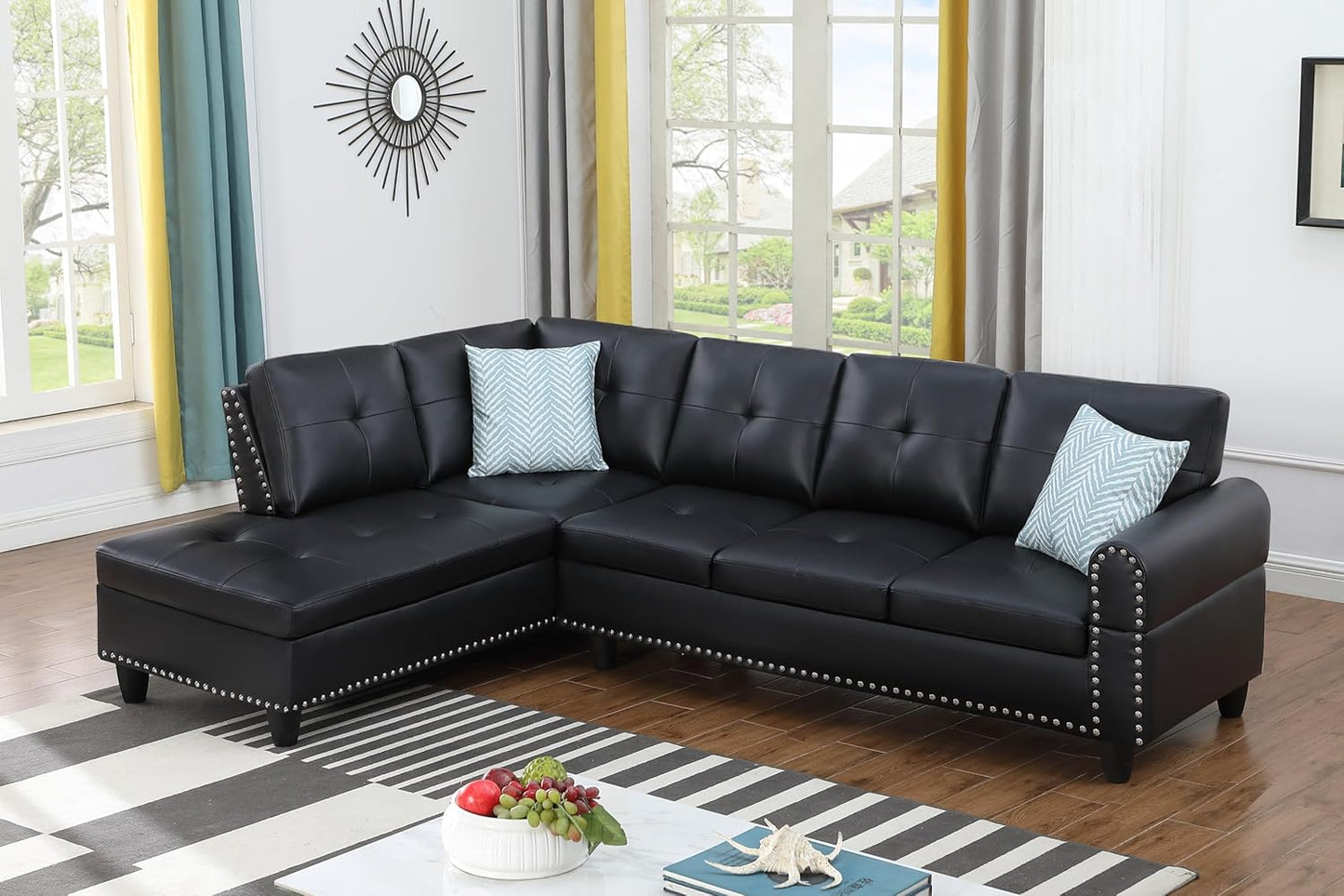 Ball & Cast 98" L Shaped Sectional Couch for Living Room with Chaise & Coffee Table,4 Seat Faux Leather Upholstered Modular Sectional Sofa Set 2 PCS W/Cup Holders & Nailhead Trim,for Home,Office,Black