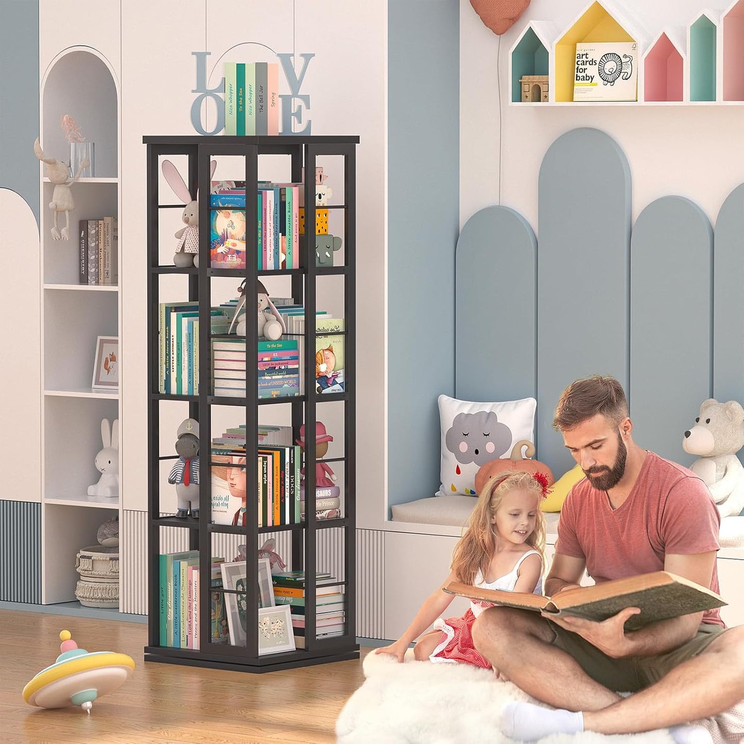 Aheaplus Rotating Bookshelf, 360 Display Wood Spinning Bookshelf, Floor Standing Bookcase Narrow Shelf Revolving Organizer Storage Rack for Small Space, Bedroom, Study Room, Black