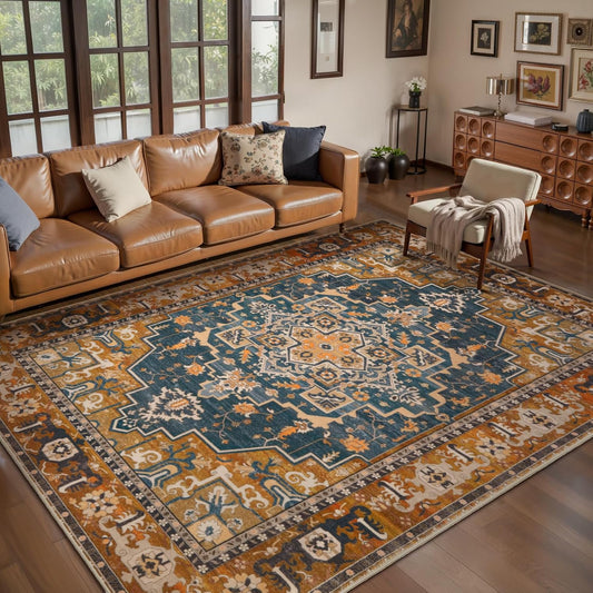 Tangsoo 4x6 Washable Rug Vintage Non Slip Indoor, Distressed Carpet for Living Room, Dining Room, Soft Low Pile Rugs Foldable Floor for Bedroom Dorm Bedside Bathroom Indigo Ochre
